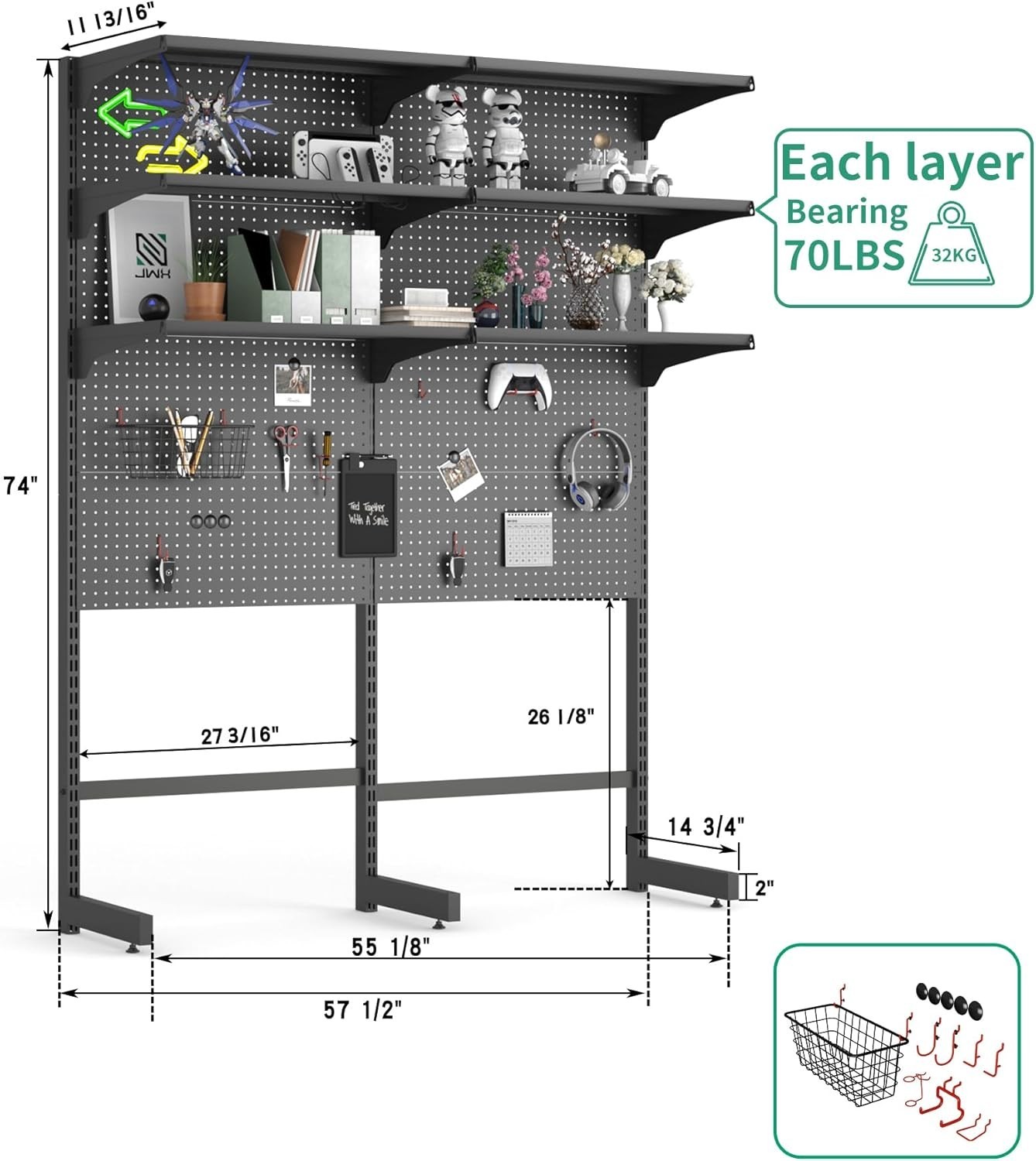 JWX DDB Gaming Pegboard Standing Shelf Units, Modular Pegboard and Shelf System