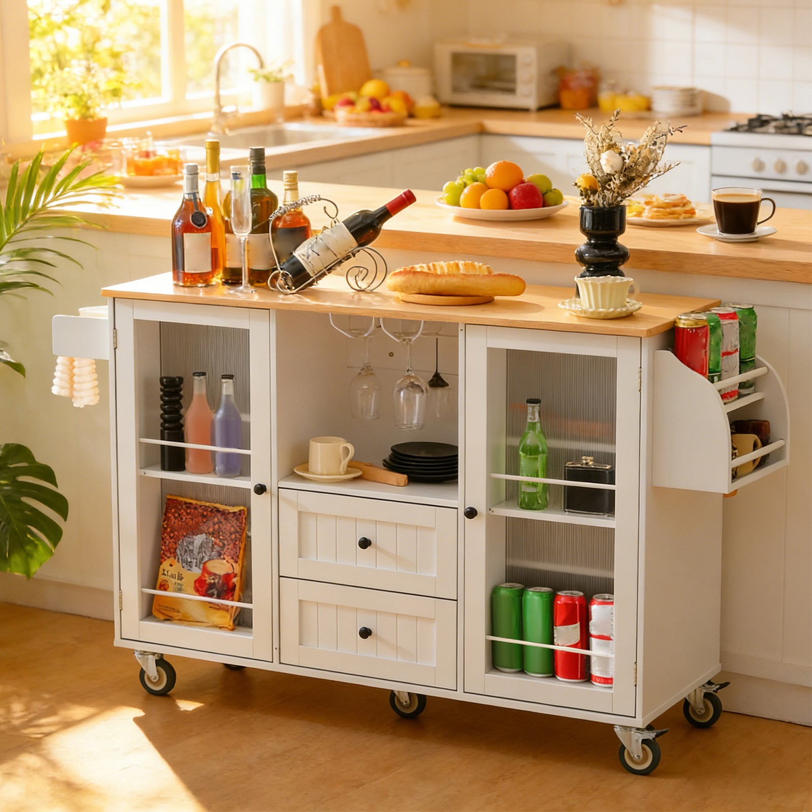 Kitchen Island Cart Rolling On Wheels with 13 Storage Areas Drop Leaf Bar