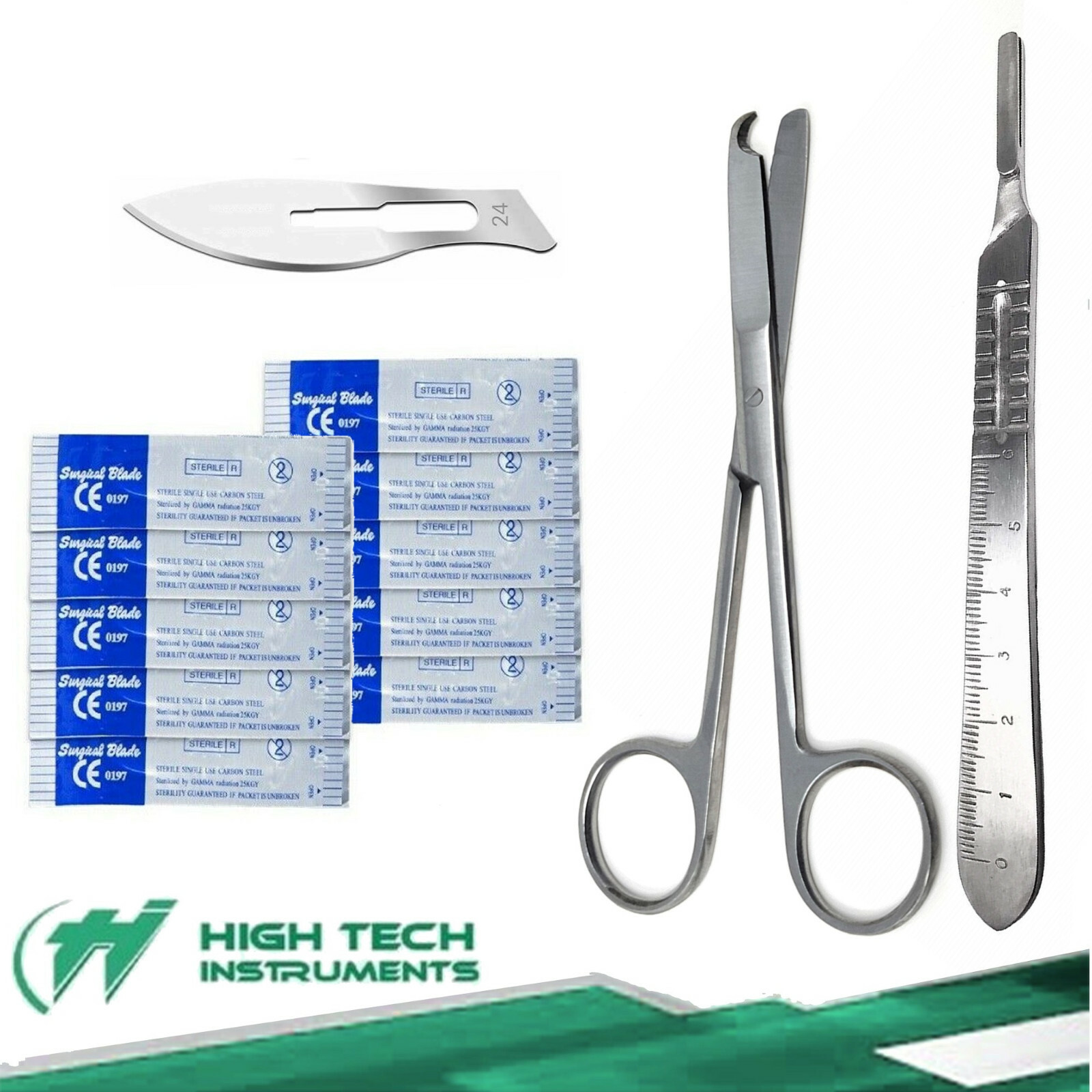 Suture Stitch Scissors 4.5"+Scalpel Handle #4 + 10 Surgical Blades #24