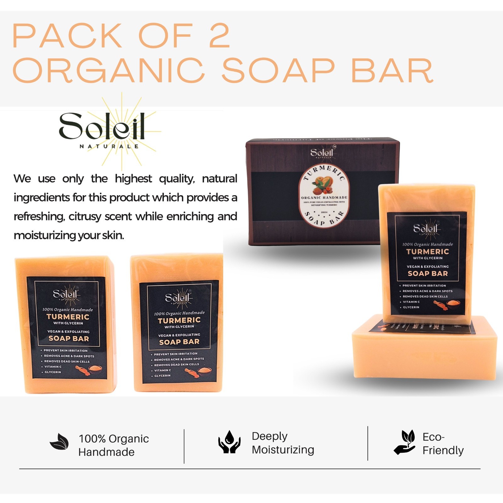 Pack of 2 - Organic Turmeric Face and Body Soap Bar, Vitamin C, with 1 wood dish