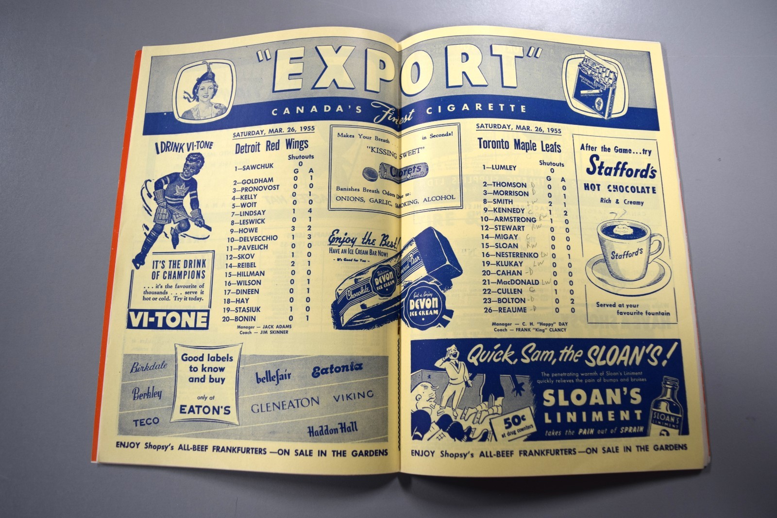 Toronto Maple Leafs Vs Detroit Red Wings March 26th 1955 Official Game Program