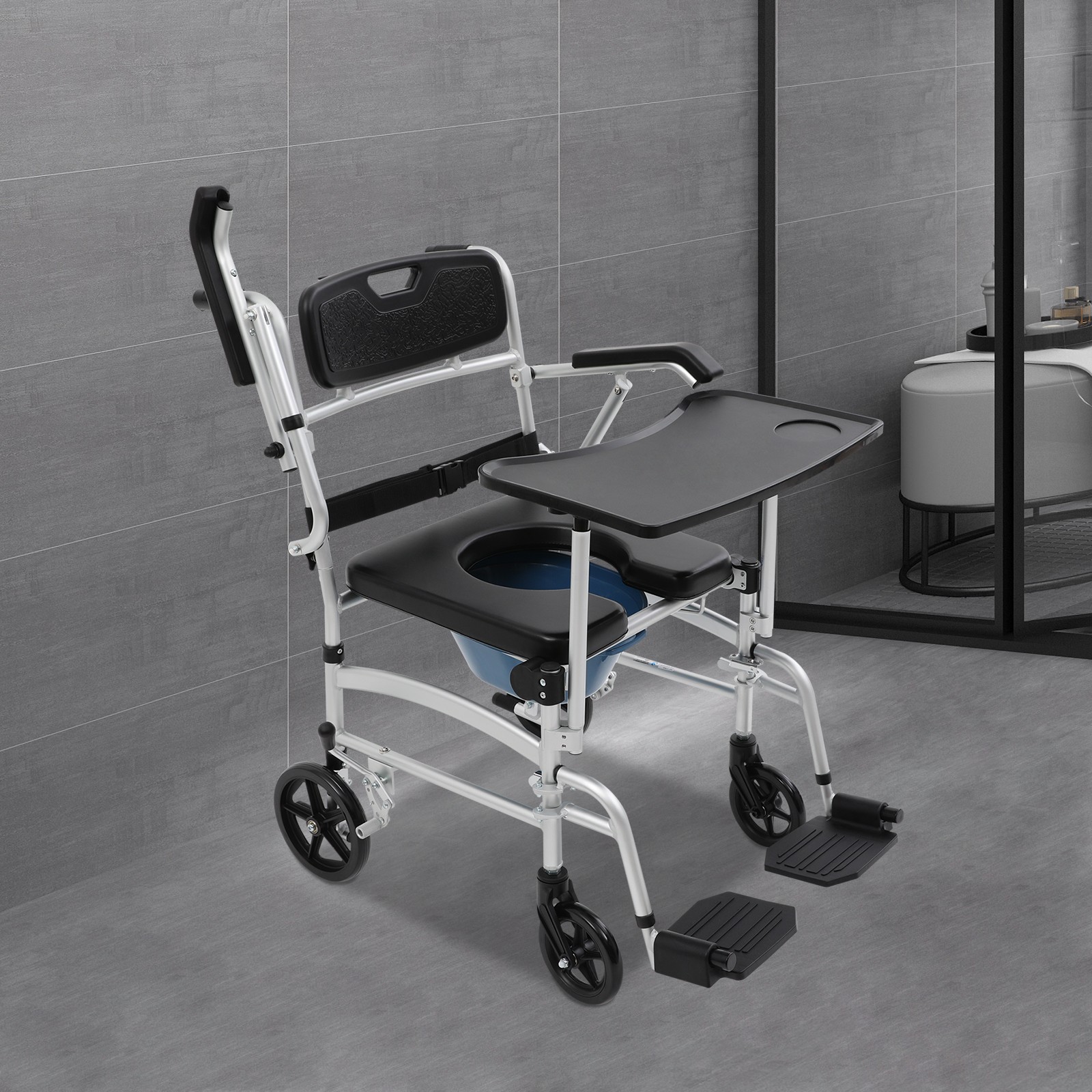 220lbs Shower Commode Chair Mobility Wheelchair Bedside Toilet Seat with Casters