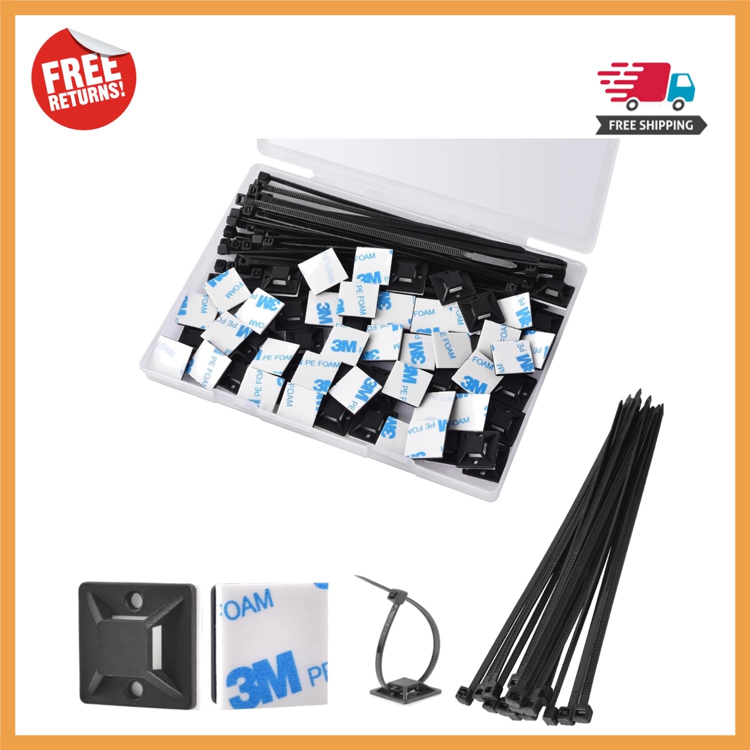 Strong Back-Glue Self Adhesive Cable Zip Tie Mounts Kit - 100 Set Cable Manageme