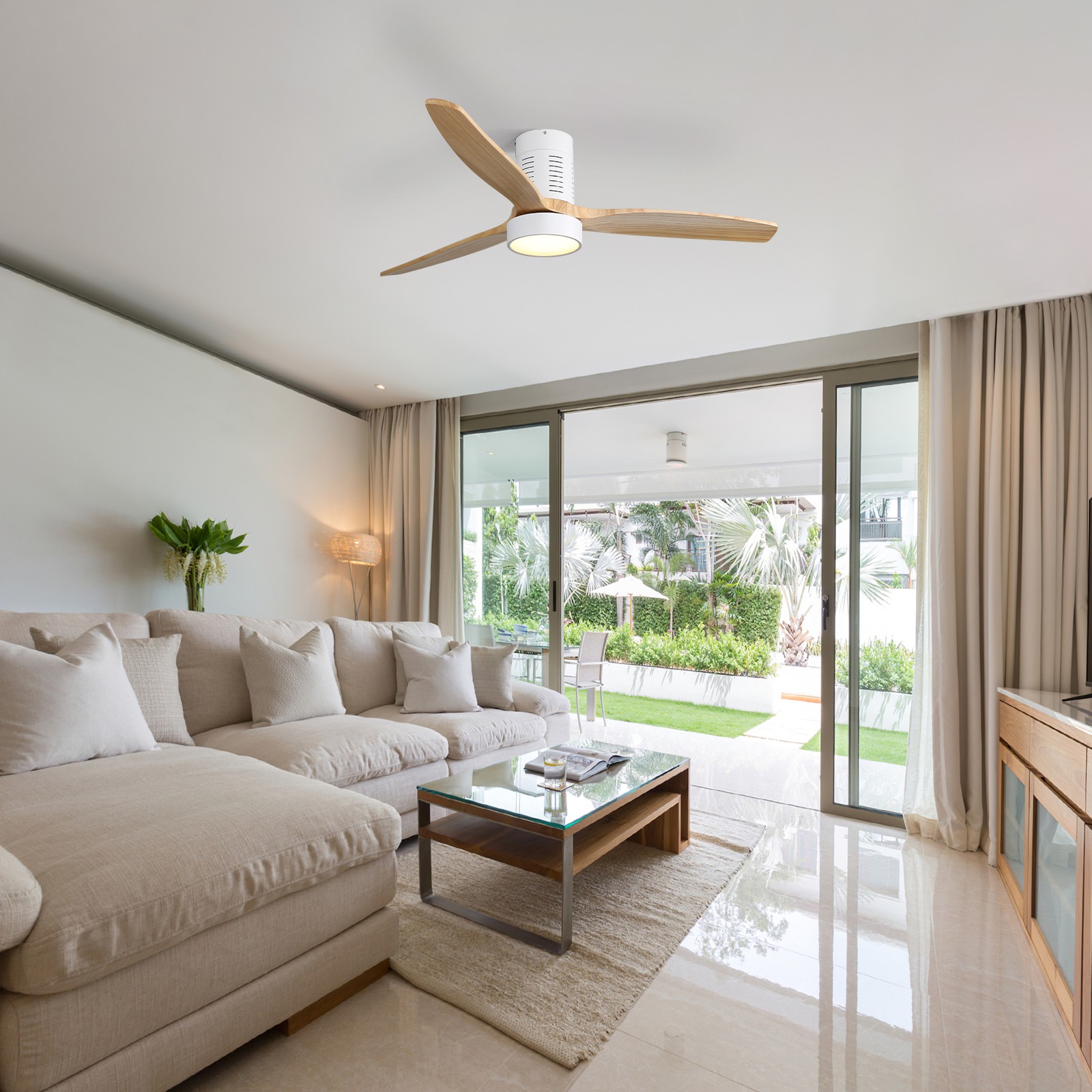 Bedroom Ceiling Fan With Integrated LED & Remote & Solid Wood Blades Reversible