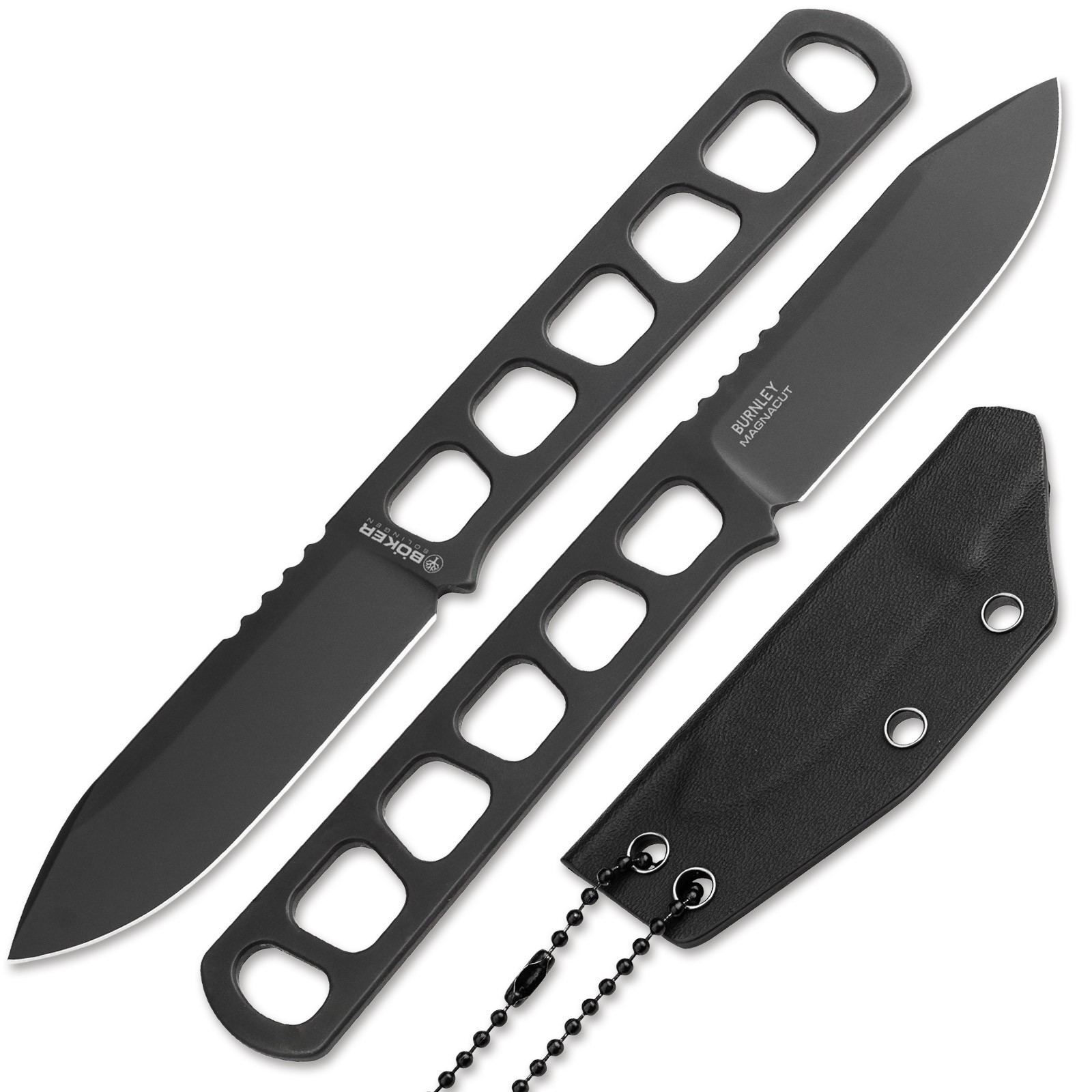 BOKER BFF Packlite All Black Fixed Skeleton Neck Knife Magnacut Kydex 120752
