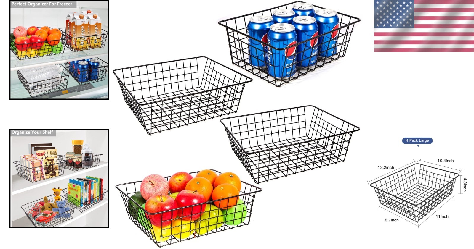 4 Pack Black Wire Baskets - Pantry Storage & Organization Solution