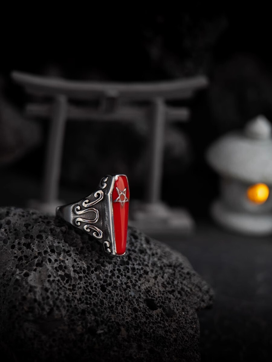hangsworld Devil's Heart Dark Inverted pentacle Retro Red Drip Glue Ring