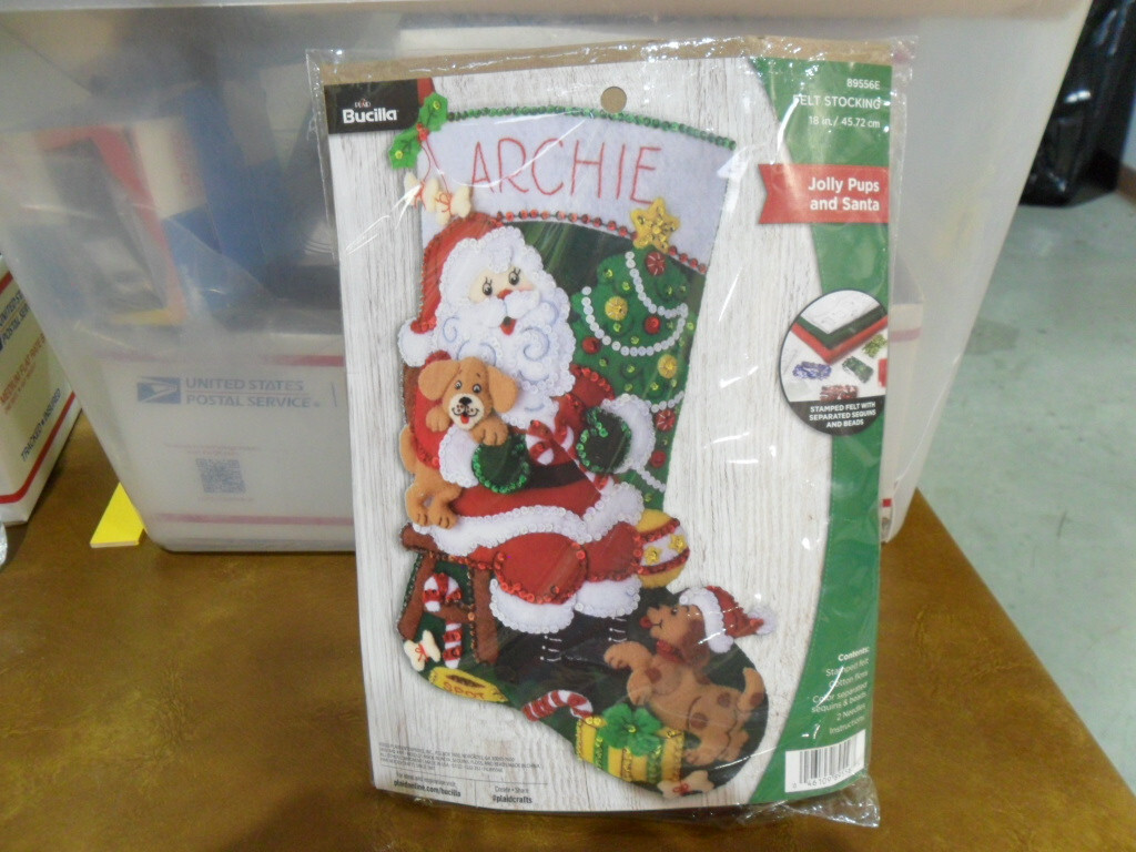 New Bucilla Felt Stocking Applique 18" Long-Jolly Pups Santa 89556E Christmas