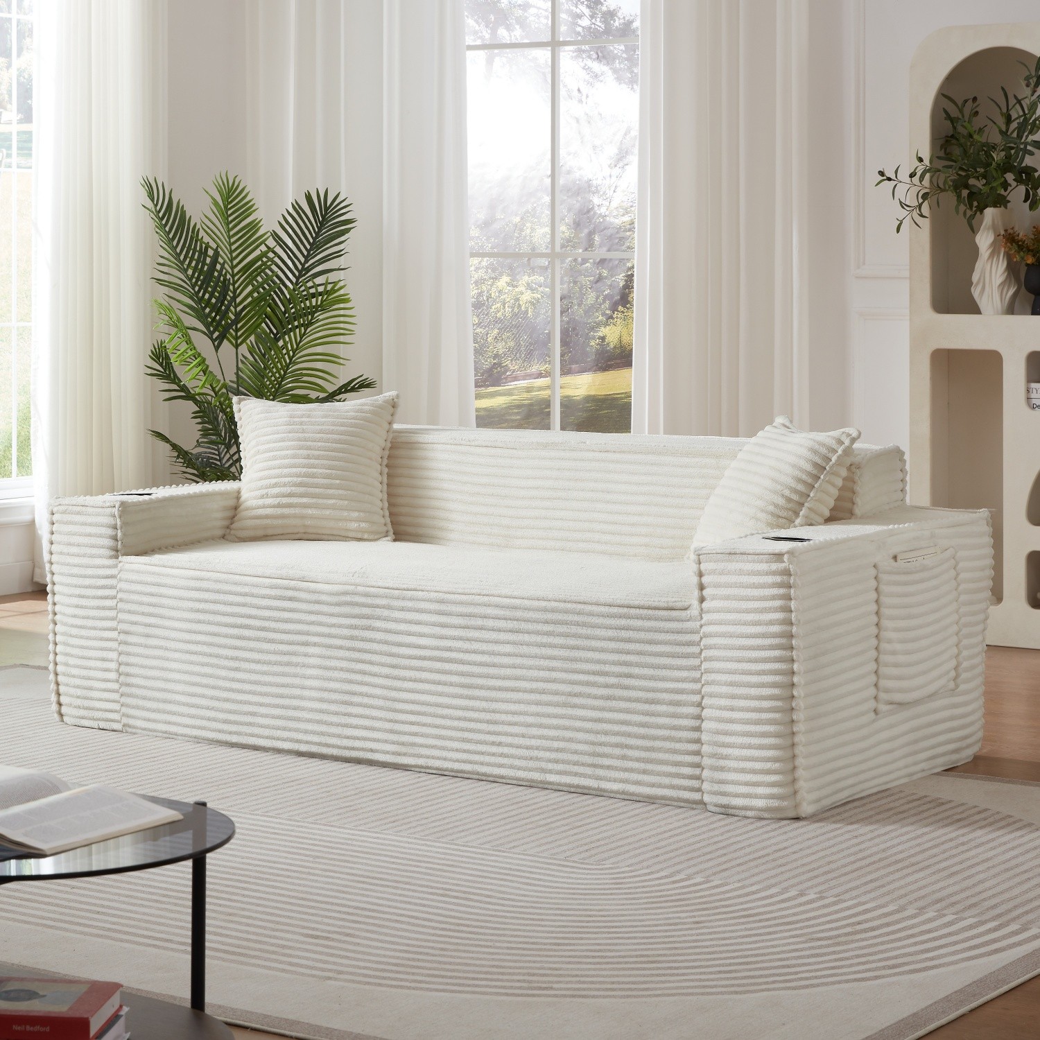 No Assembly Floor Sofa 3-Seater Corduroy Couch w/ 2 Cup Holders for Apartments