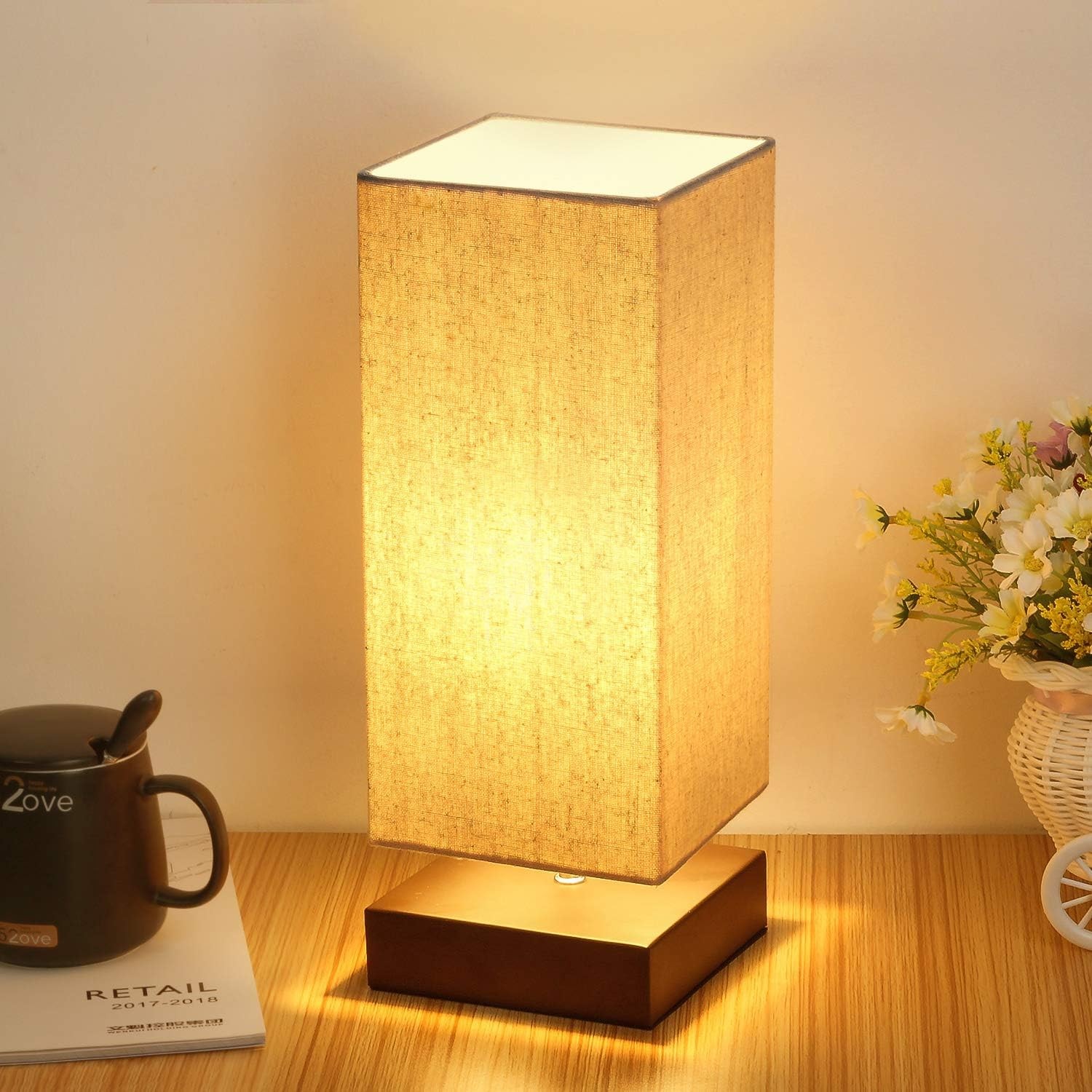 Touch Control 5.12"(L)*5.12"(W)*14.37"(H), Beige Lampshade, brown lamp base