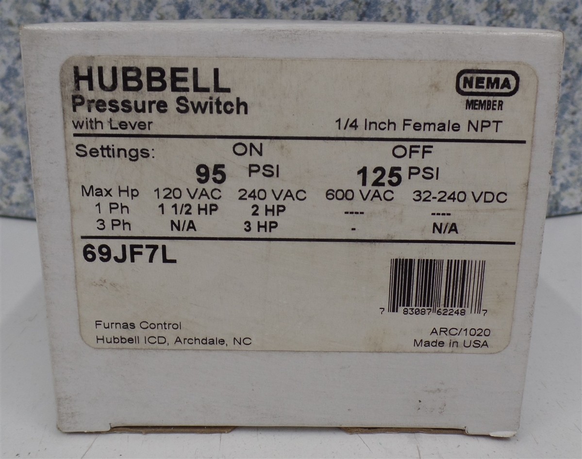 HUBBELL P69JF7L Pressure Switch 1/4" NPT Female With Lever ON 95 Off 125 PSI NEW