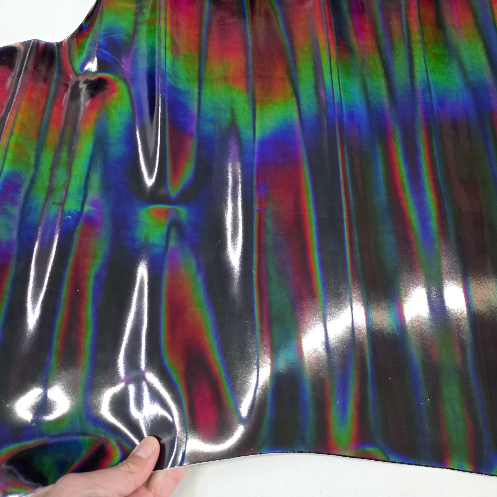 Color Black Iridescent Cow Patent Leather: Holographic Rainbow Glossy Metallic