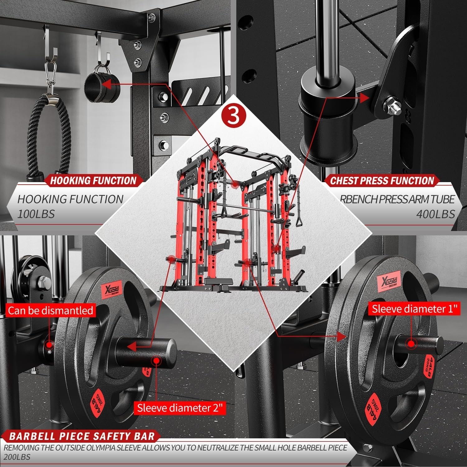 Smith Machine with Cable Crossover System, Multi-Function Power Cage Squat Rack