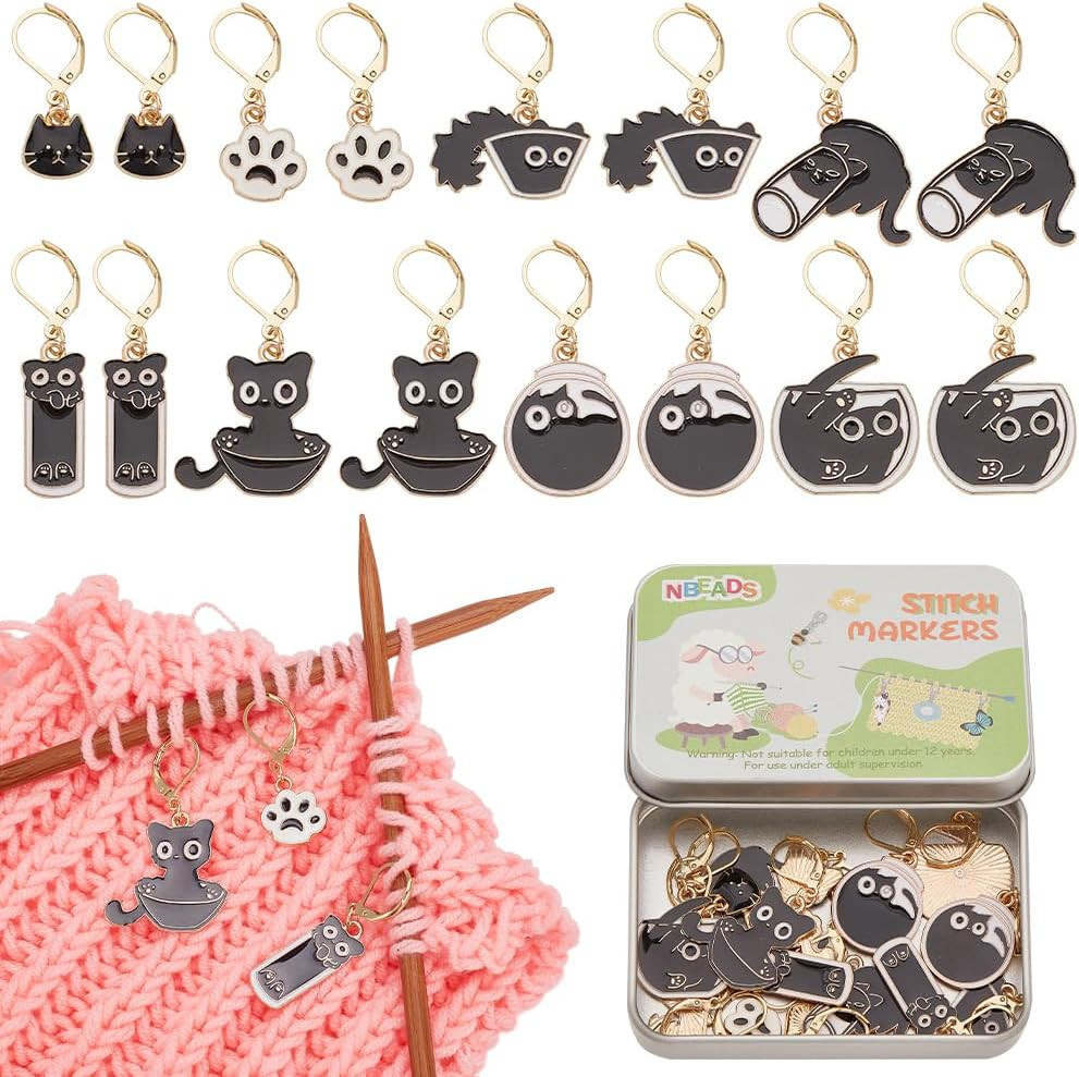 16 Pcs Black Cat Stitch Markers, Alloy Enamel Crochet Stitch Markers with Remova