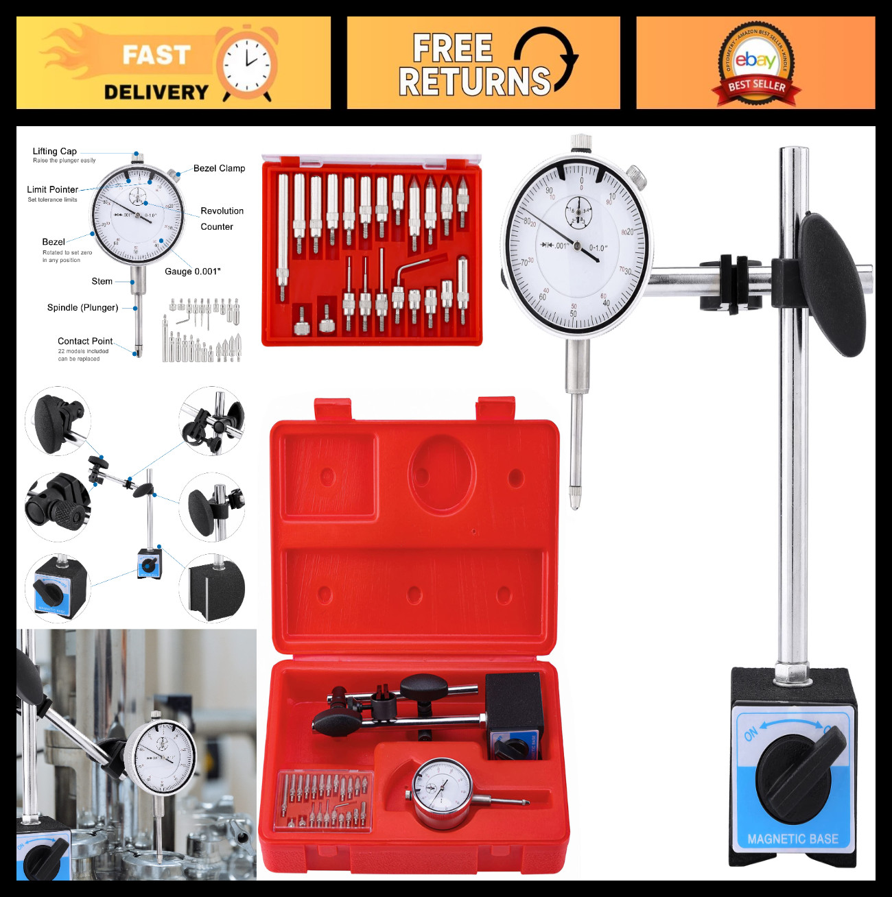 Magnetic Base Dial Indicator 0-1" Precision Tester Gage 0.001" Fine Adjustment
