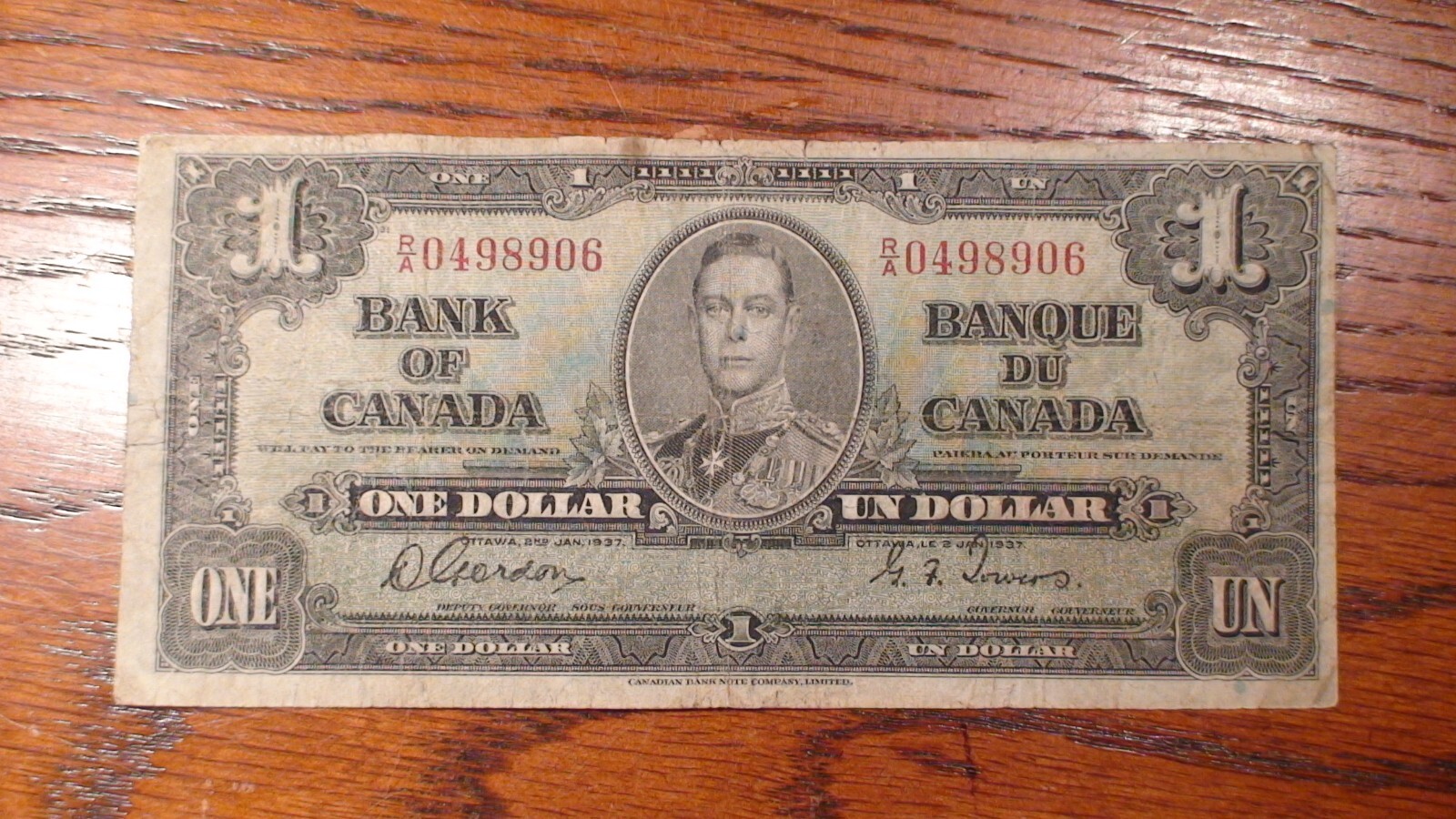 1937 BANK OF CANADA VERY GOOD ONE DOLLAR NOTE WELL CIRCULATED $1 Bill!