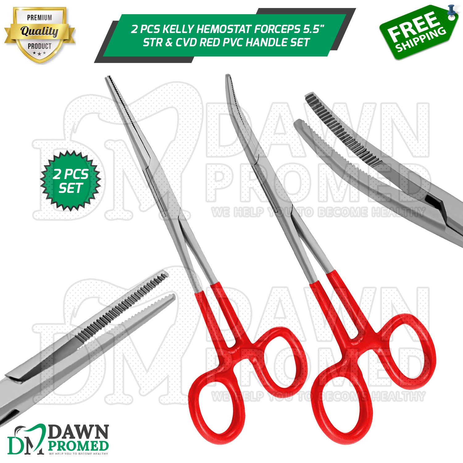 2 Pcs Kelly Hemostat Forceps 5.5" Straight & Curved With Red PVC Handle Set