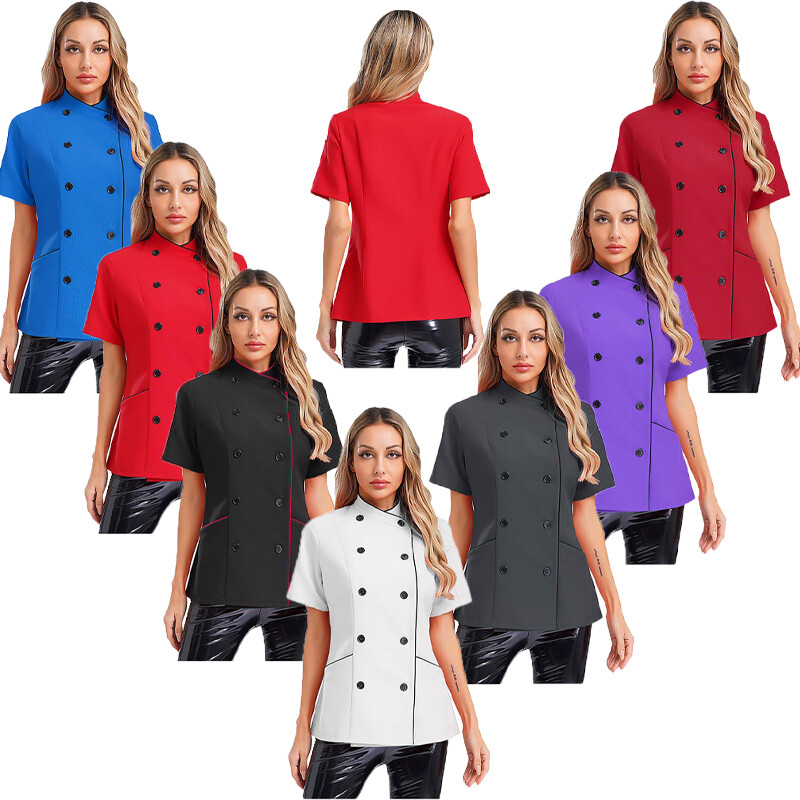 Women Tops Cooking Jacket Double-Breasted Coat Soft Cross-Over Baking Chef Cafe