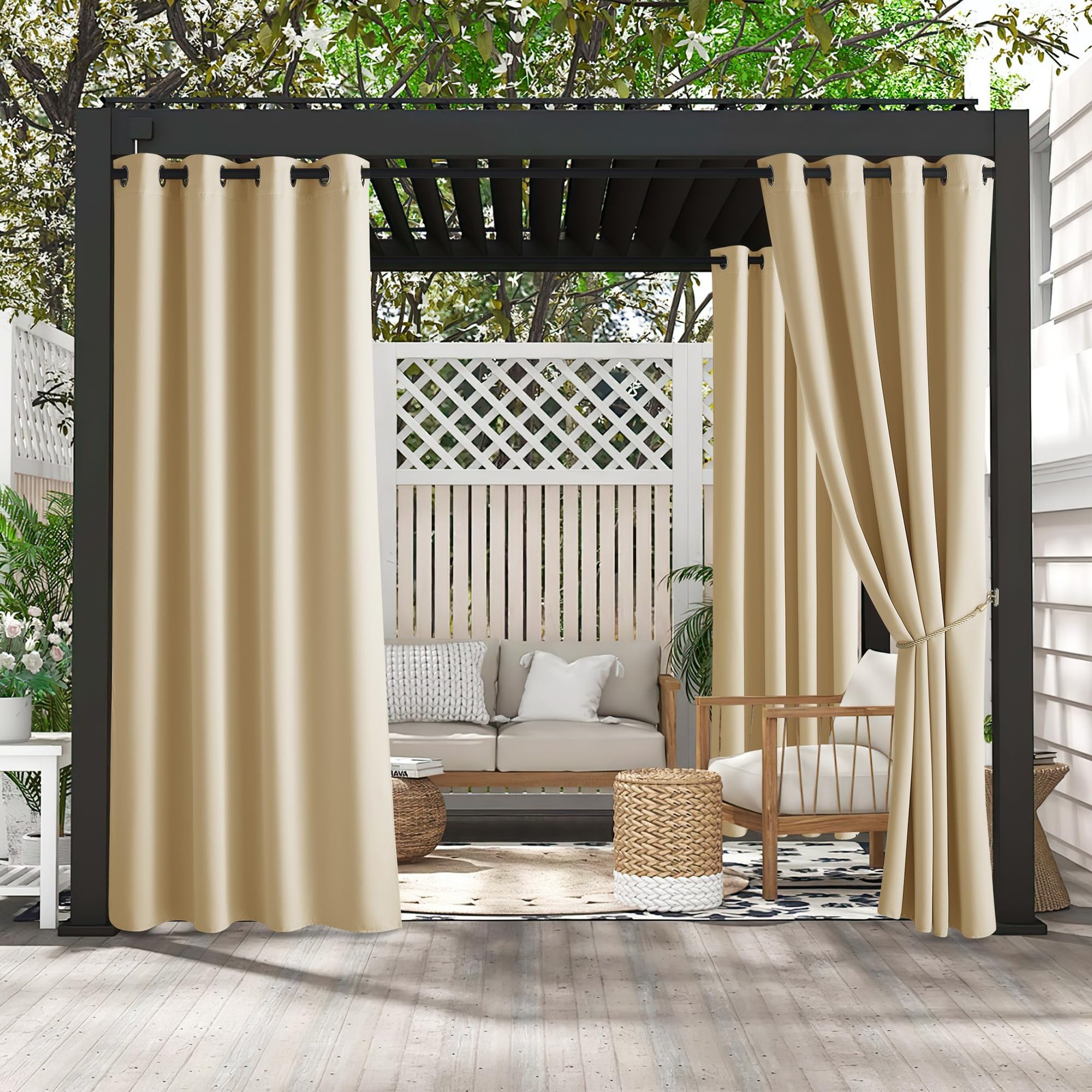 RYB HOME 2 Panels Fade Resistant Outdoor Curtains for Patio Waterproof Block Sun