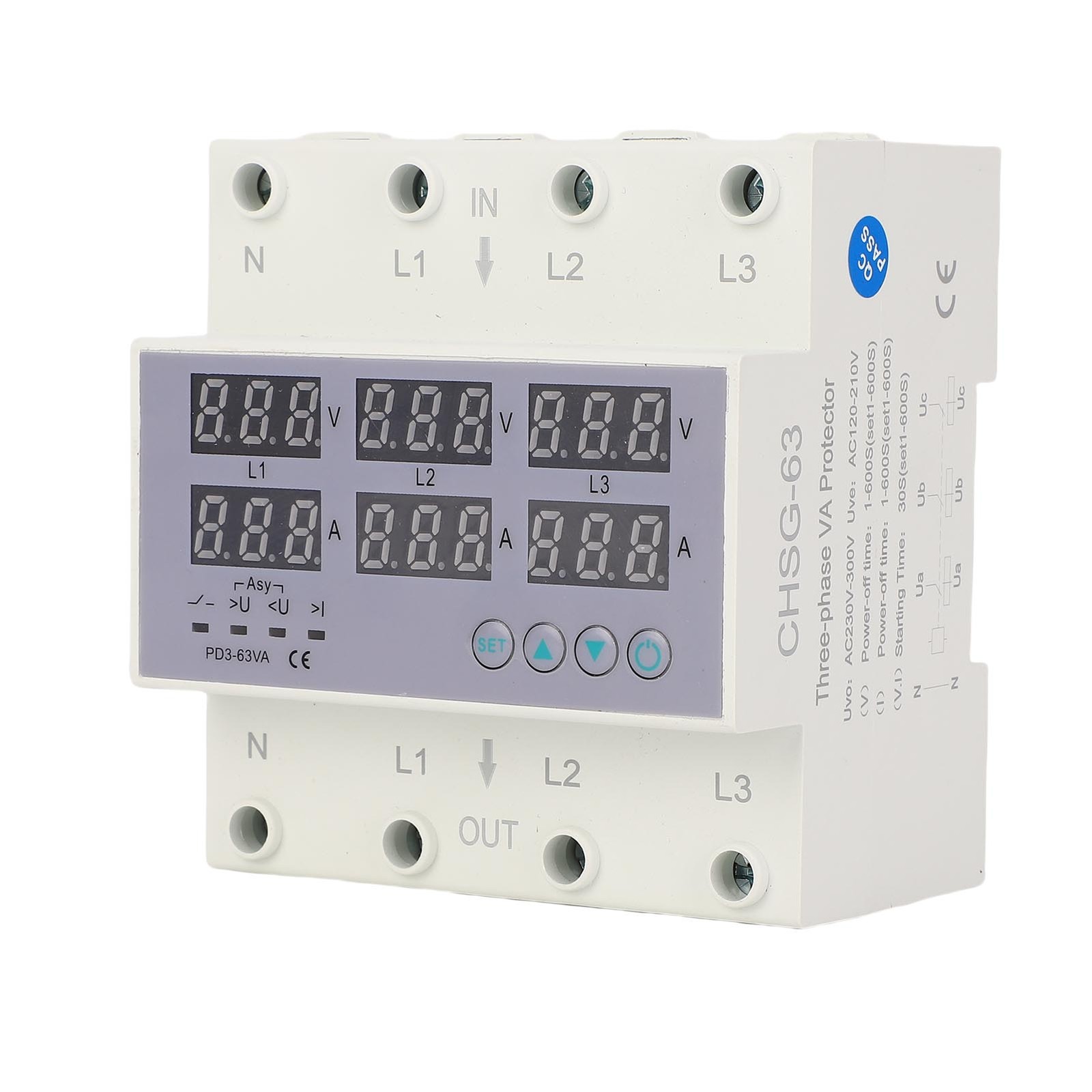 63A 3 Phase DIN Rail Voltmeter Ammeter Auto Overvoltage Overcurrent Protector AC