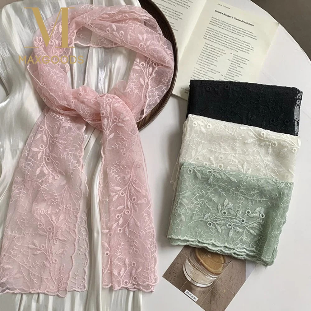 Casual Embroidered Flower Lace Scarf Breathable Mesh Lightweight Female Headscar