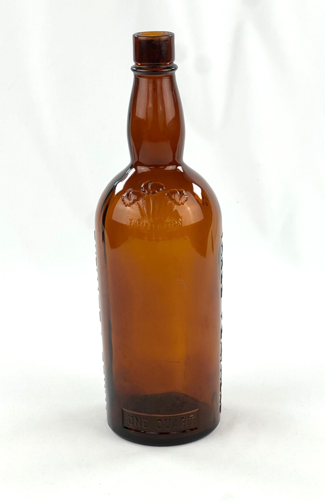 1940s Owens-Illinois Duraglass Amber Glass Bottle Three Feathers Whiskey