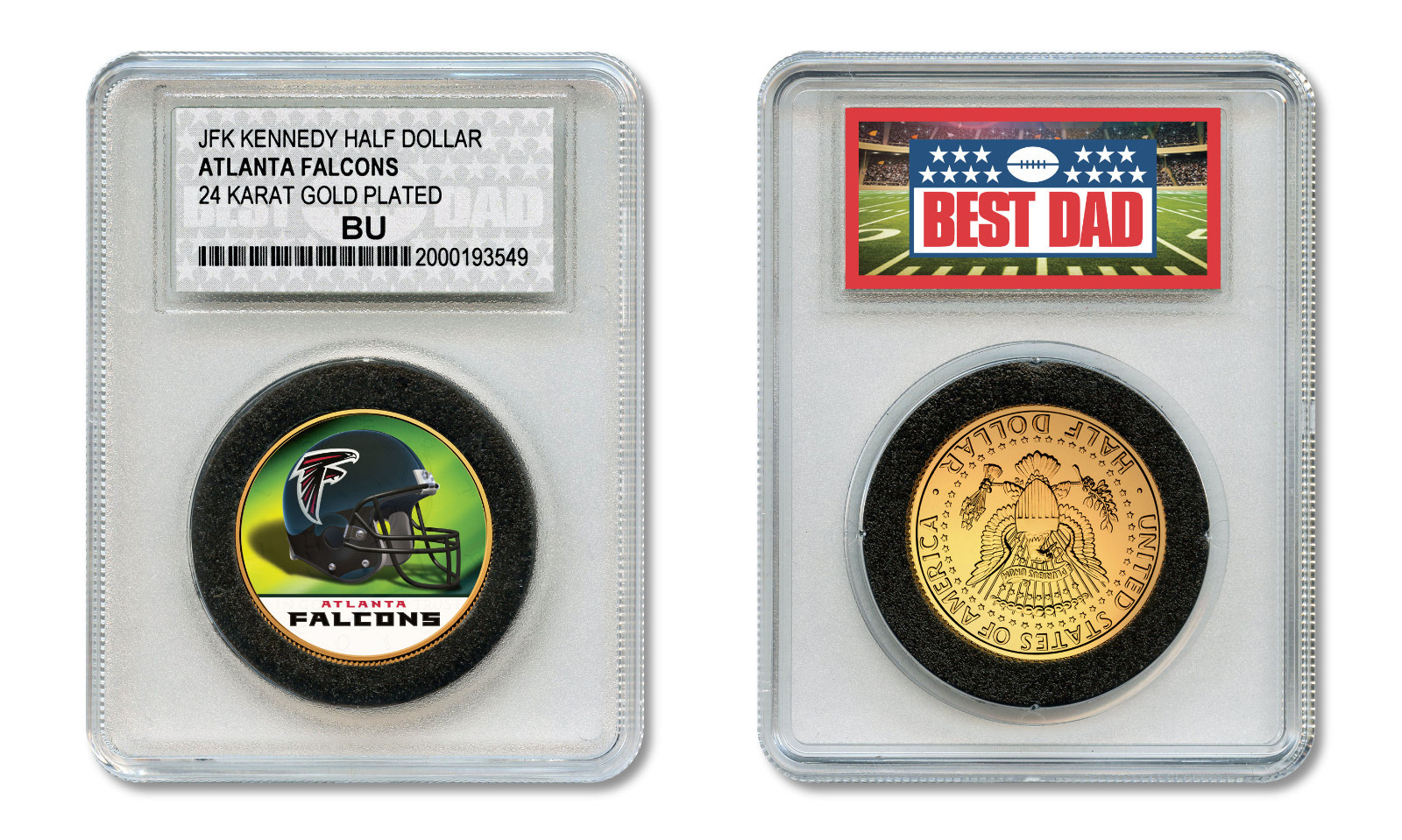 ATLANTA FALCONS #1 DAD Licensed NFL 24KT Gold Clad JFK Coin in Slabbed Holder