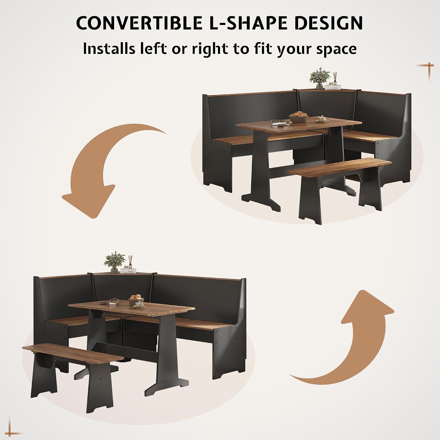 3 Pieces Corner Dining Table Set W/ Hidden Storage L-Shaped Breakfast Nook W/