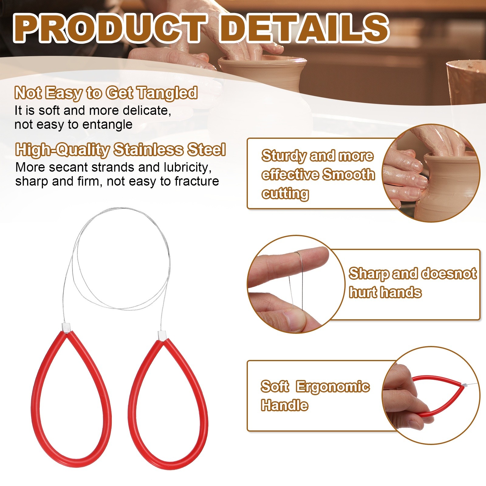 4pcs Pottery Wire Tool with Rubber Handle for Pottery, Red