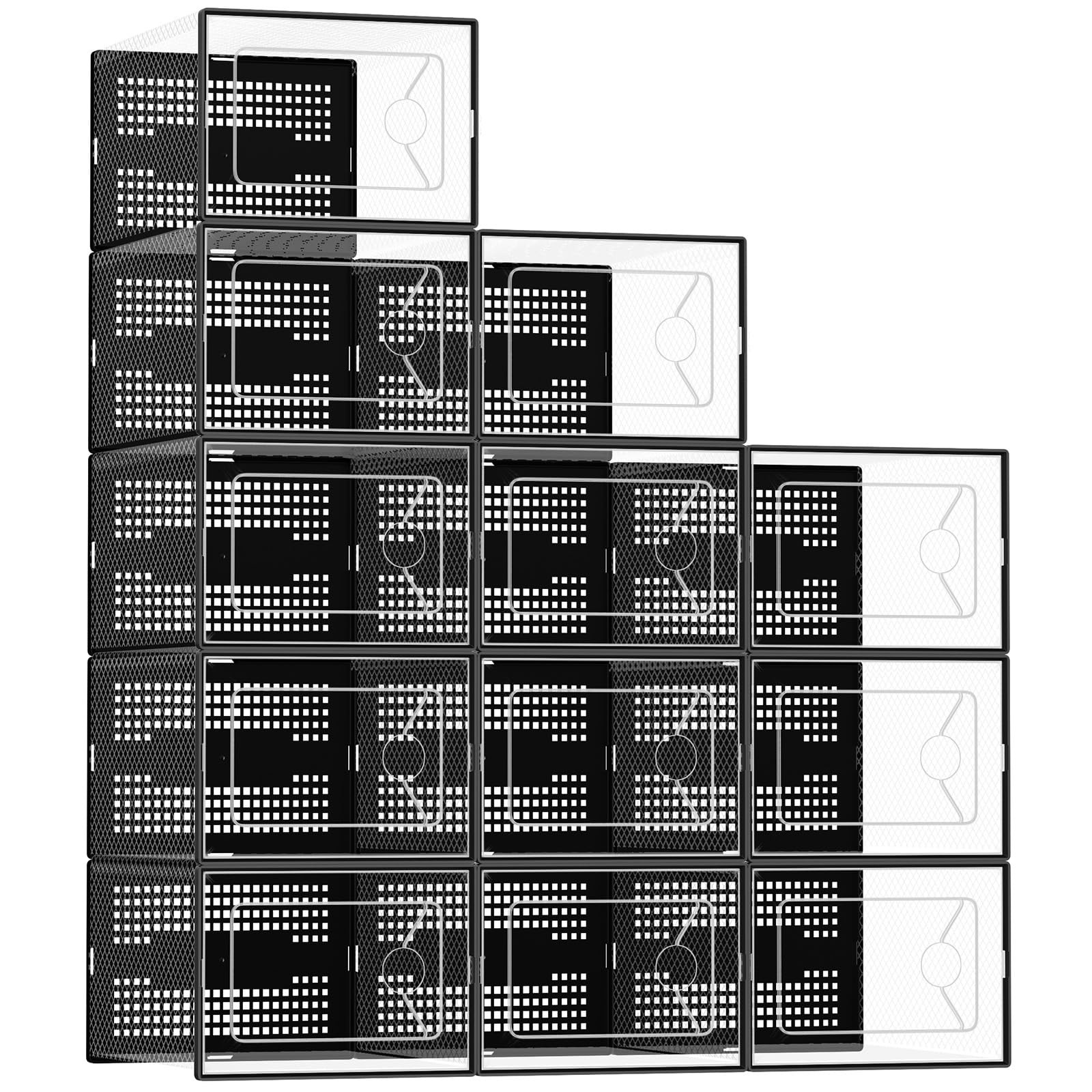 DUMOS Shoe Storage Boxes, 12-Pack Stackable Clear 12 PCS & Fit Size 9, Black