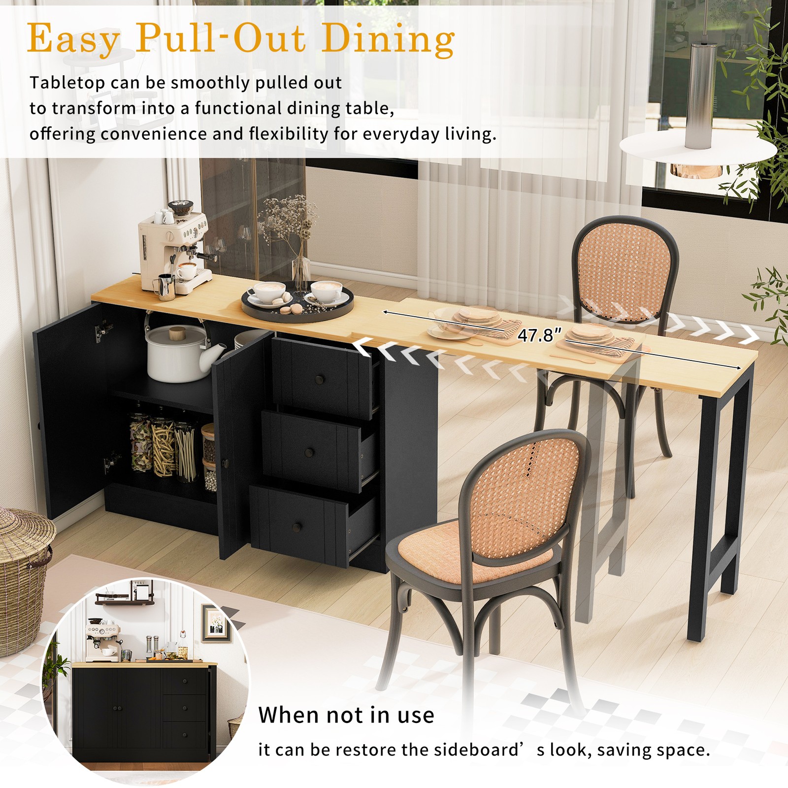 89.7''Wooden Sideboard with Extendable Table,Multifunctional Storage Cabinet*