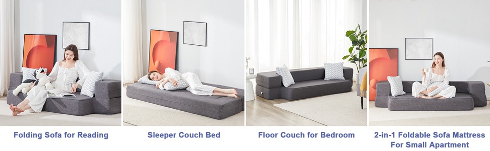 Floor Sofa Bed, Convertible Sleeper Lounge Couch Folding Mattress with 2 Pillows