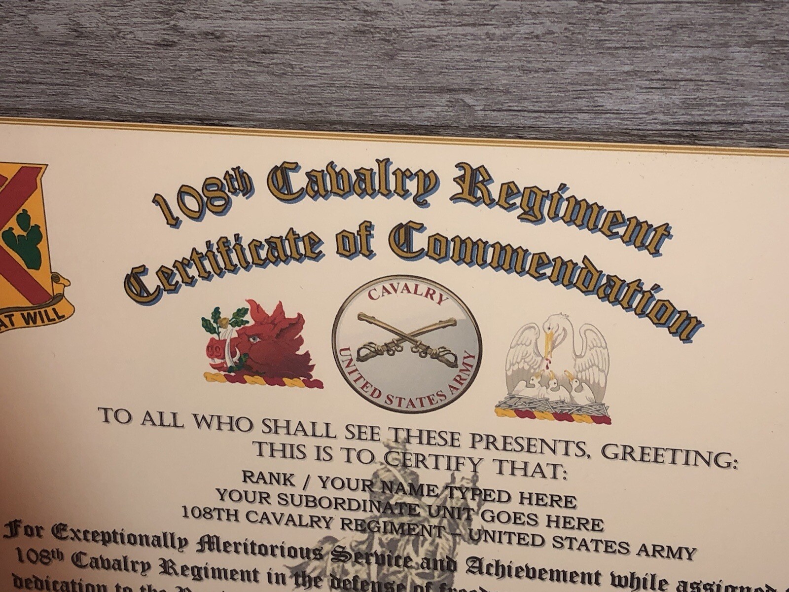 108TH U.S. CAVALRY REGIMENT / COMMEMORATIVE - CERTIFICATE OF COMMENDATION