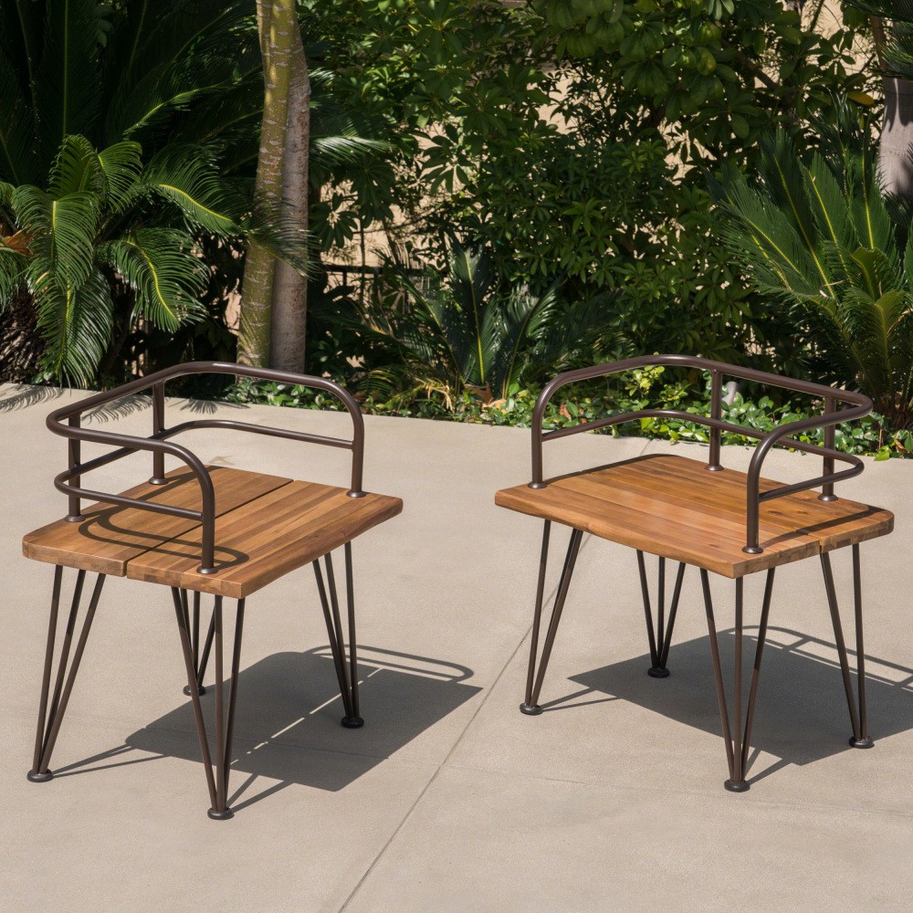 Rustic Acacia Wood Side Table with Iron Legs, Outdoor Patio Backyard