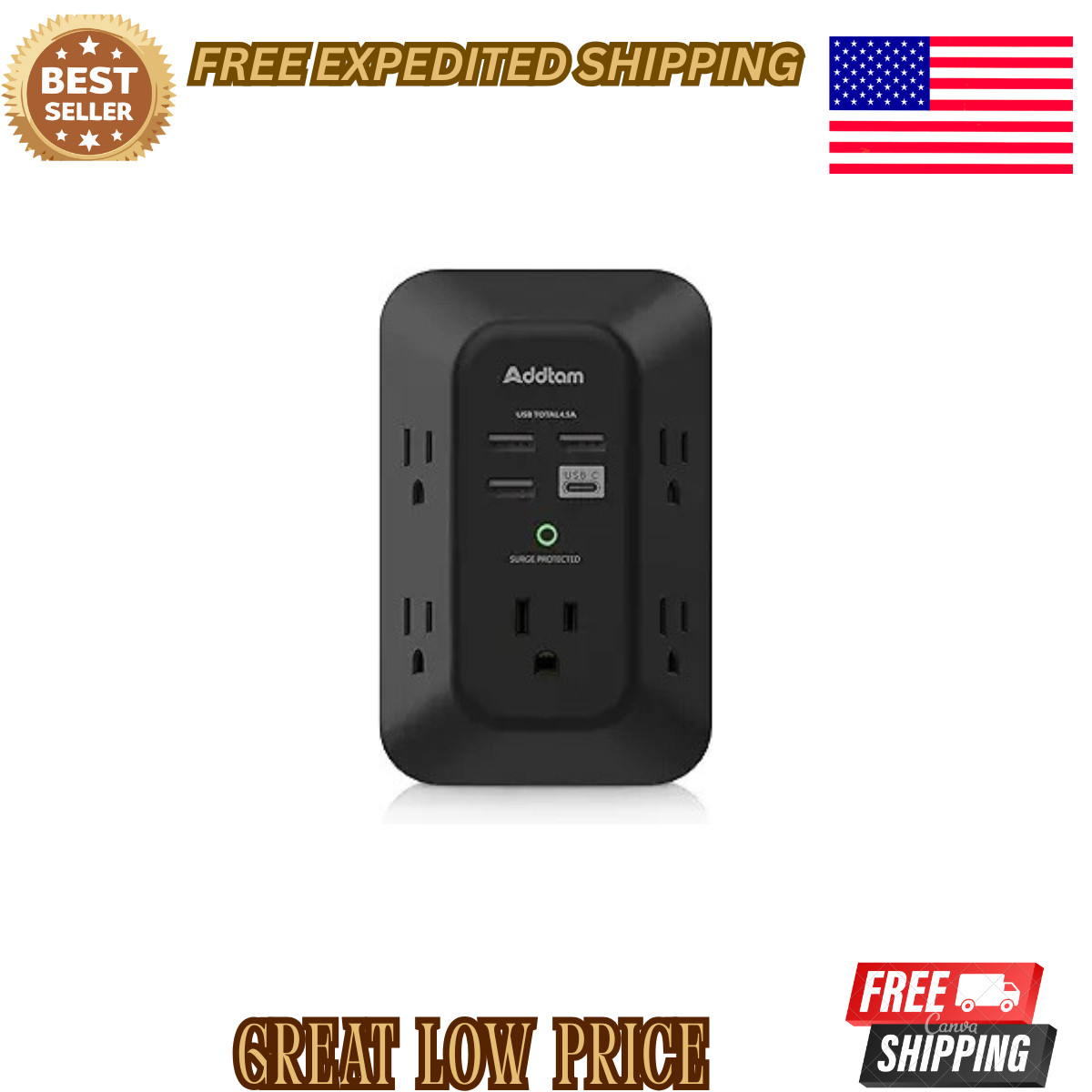 USB Wall Charger Surge Protector - 5 Outlet Extender with 4 USB Charging Ports (
