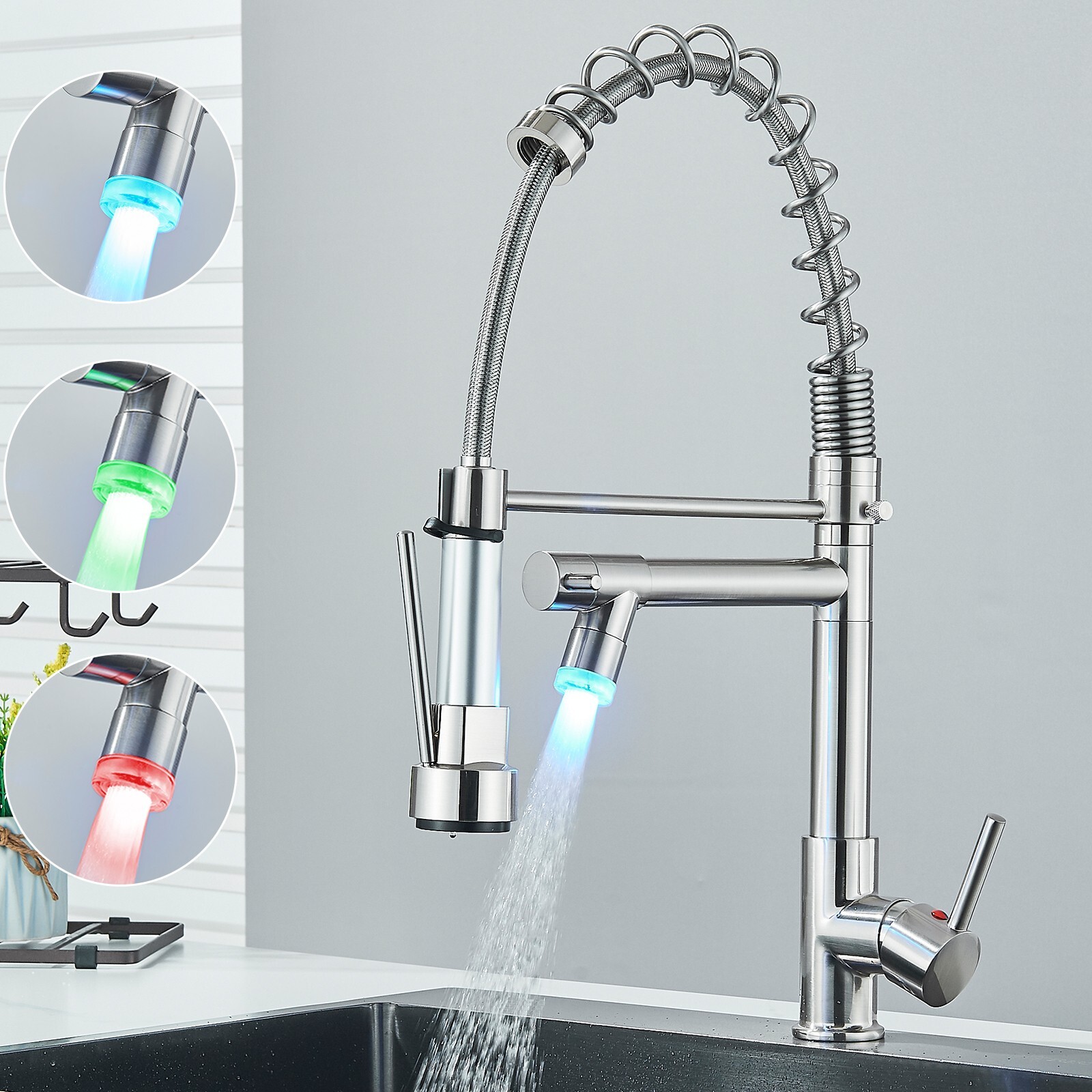 Brushed Nickel Kitchen Sink Faucet Pull Down Sprayer Swivel Single Handle Mixer