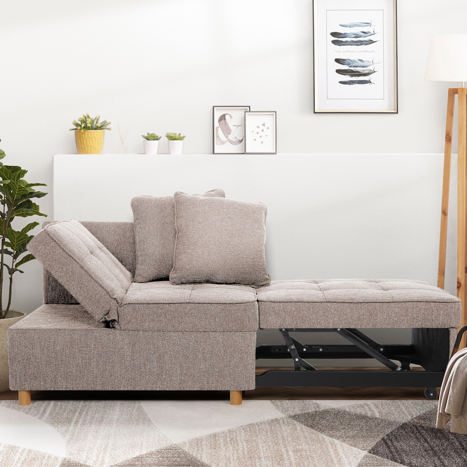 4 in 1 Convertible Sofa Bed Sleeper Sofa Linen Loveseat Sofa with 2 Throw Pillow