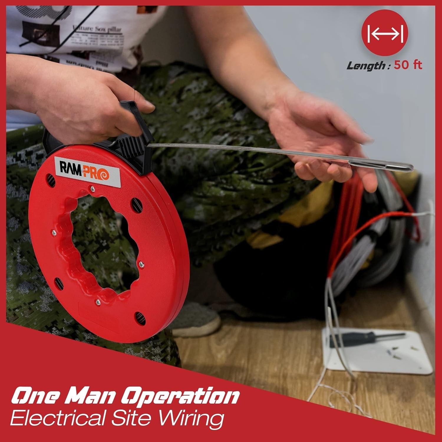 50ft Fish Tape Wire Puller - Durable Steel Tool with Grip and Lock for Easy Use