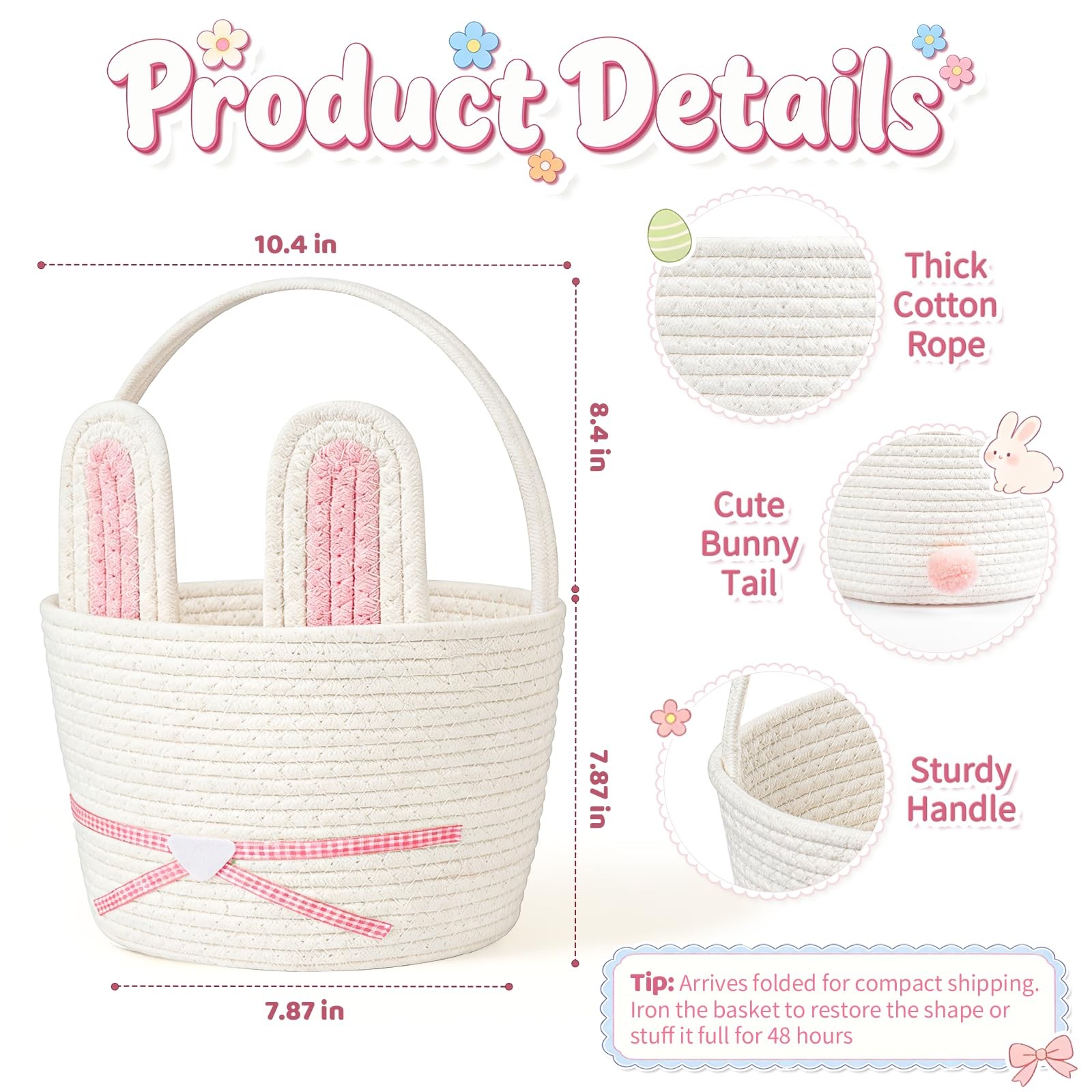 Easter Basket, Woven Easter Bunny Basket with Handle, Empty Gift Baskets East...