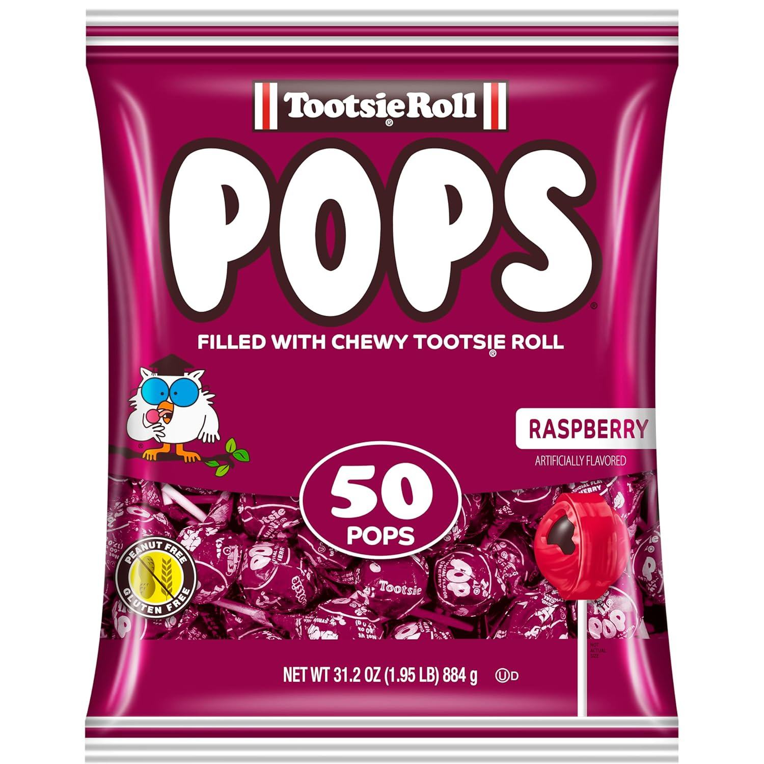 Tootsie Pops Single Flavor Bag - Raspberry Flavored Lollipops with Chocolatey Ce