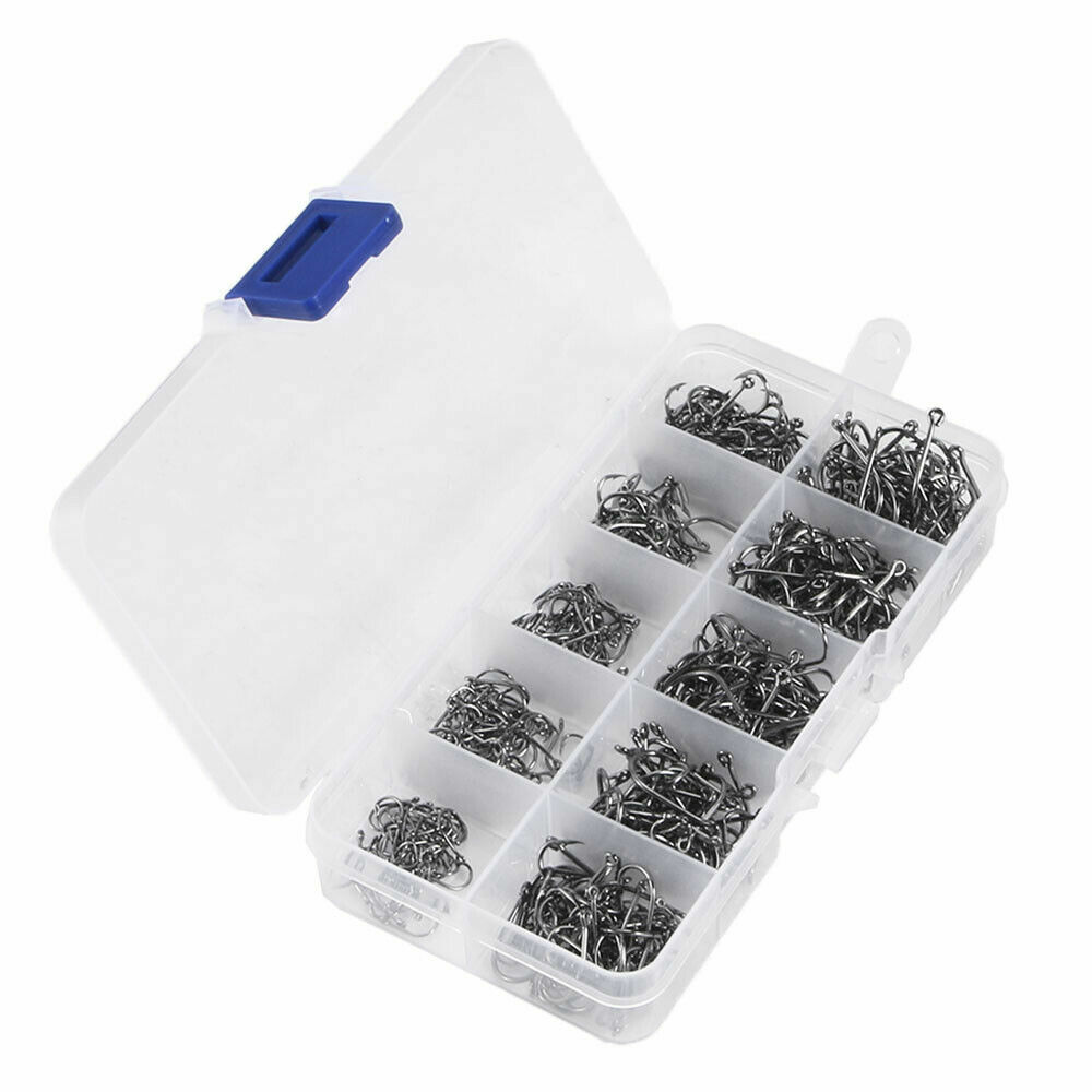1000pcs Fish Hooks 10 Sizes Fishing Black Silver Sharpened With Box Quality kit