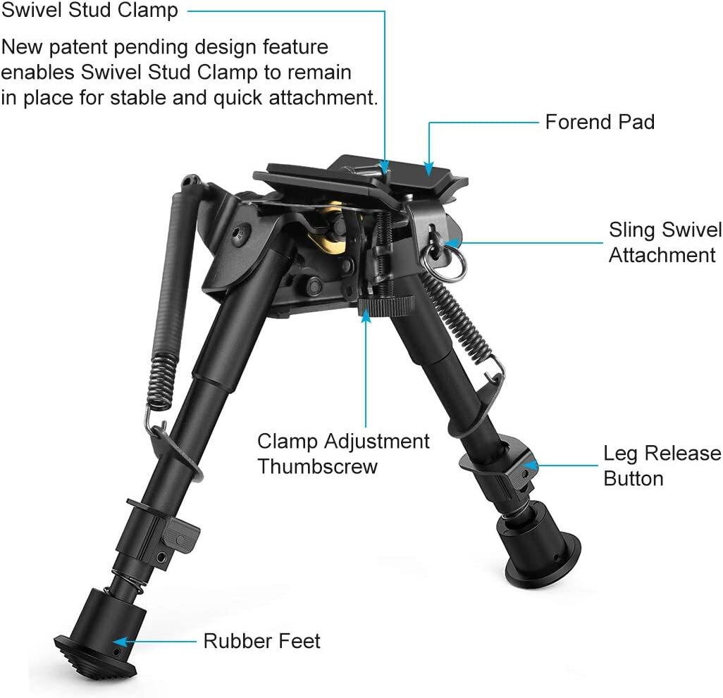 6" to 9" Adjustable Pivot / Rotating Spring Return Rifle Bipod Adjustable Legs