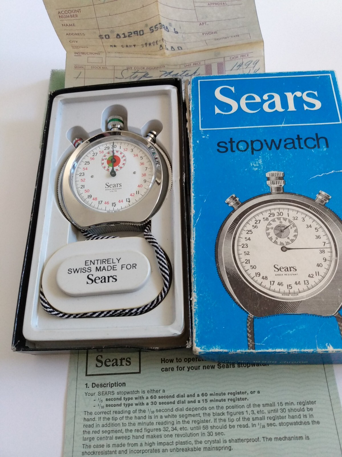 Sears 19926 Swiss Made 1/10 Wind Up Stop Watch Box  Instructions Receipt Vintage