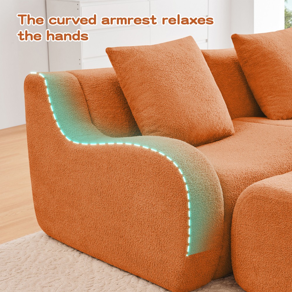 4-Seat Teddy Fabric Sofa, No Assembly Required w/ Curved Armrests, Orange
