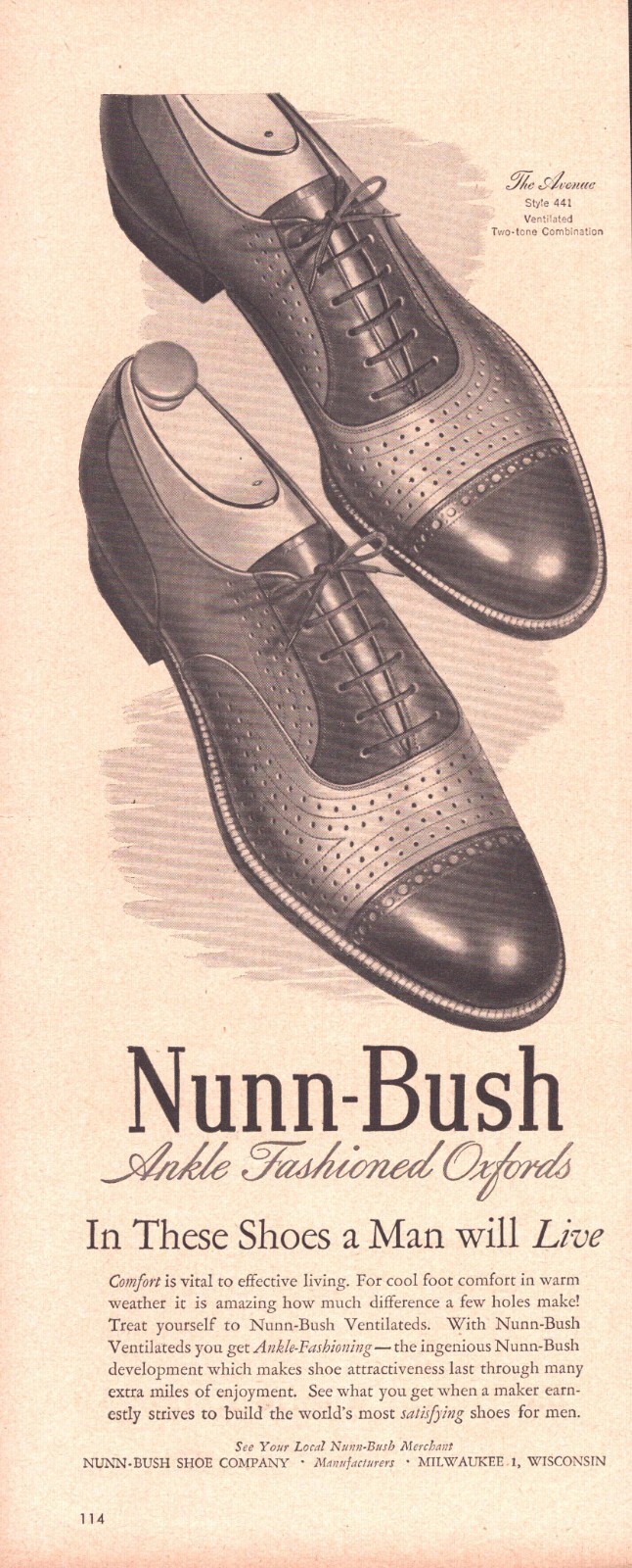 1948 Nunn-Bush Ankle Fashioned Oxfords The Avenue Two-Tone Print Ad