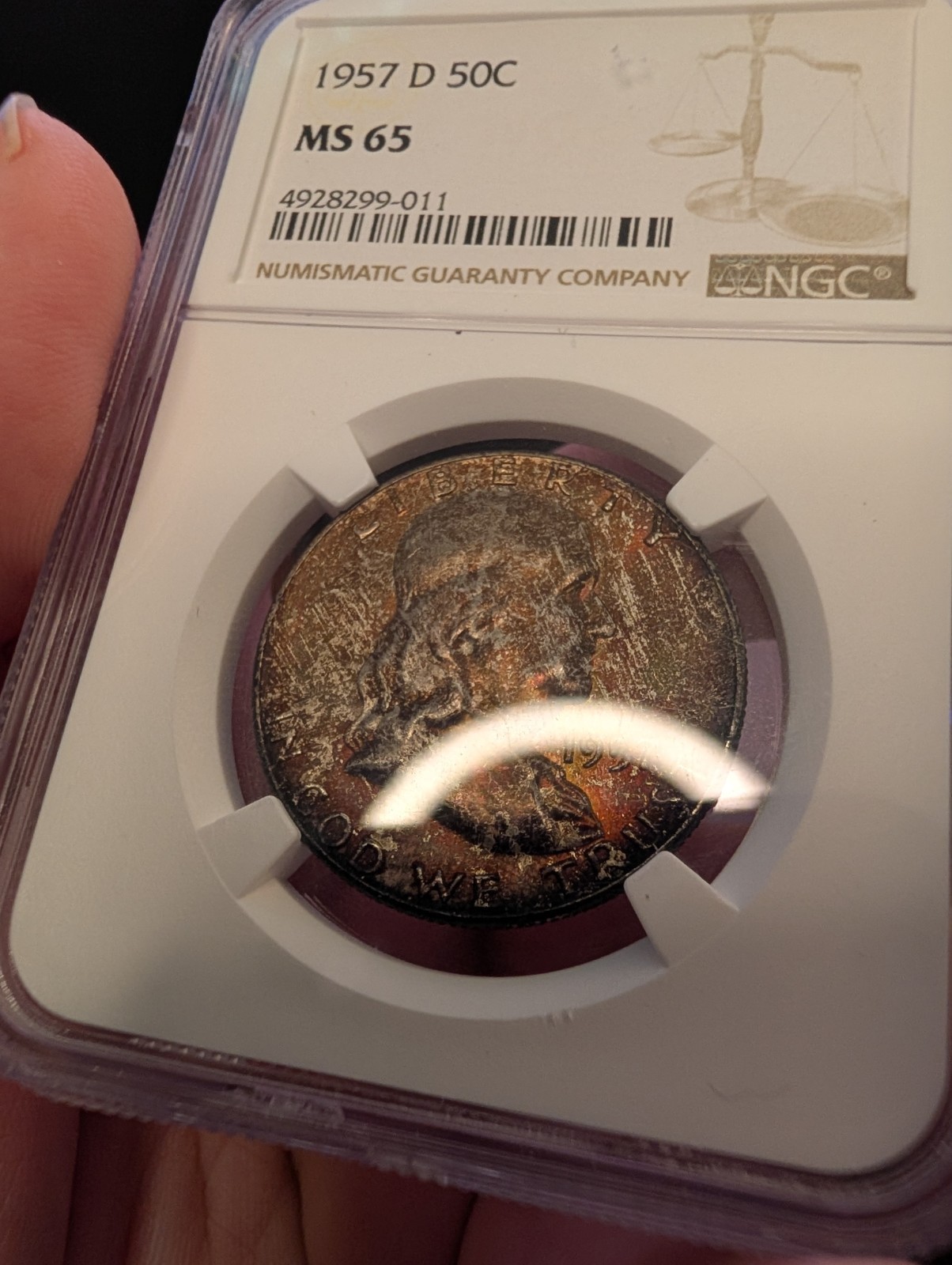 1957 D Franklin 50C Rainbow Toned NGC MS65