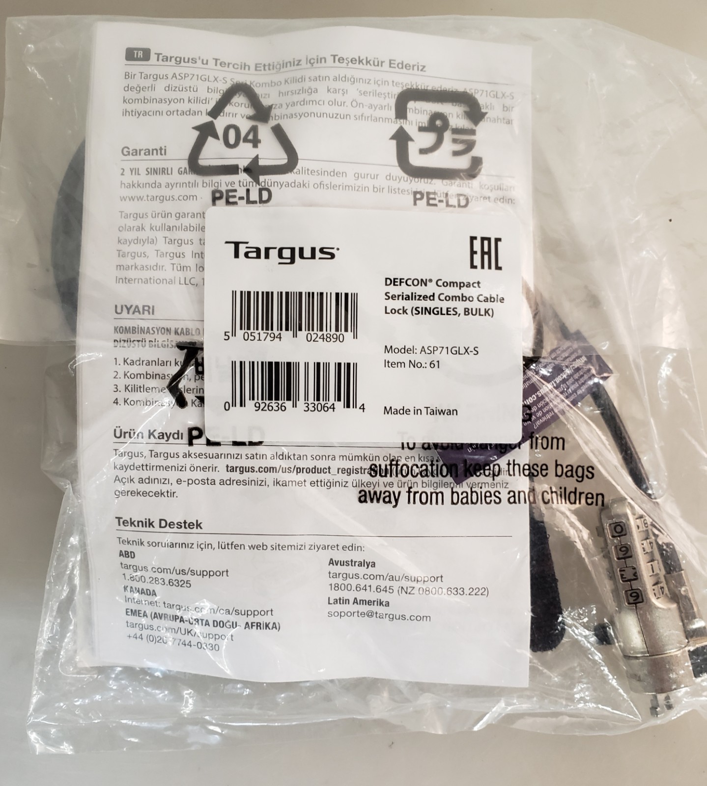 Targus ASP71GLX-S Defcon Compact Serialized Combo Cable Lock NEW *SEALED*