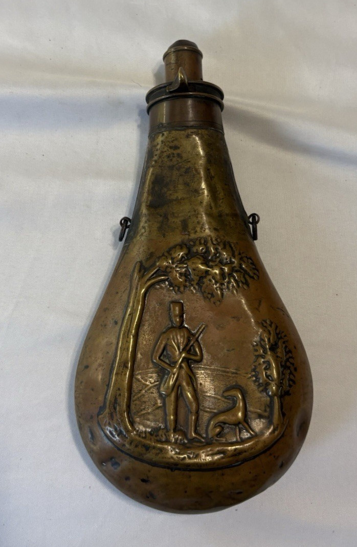 ANTIQUE CIVIL WAR ERA BRASS BLACK POWDER HUNTING FLASK - HEAVY BATTLE USE!