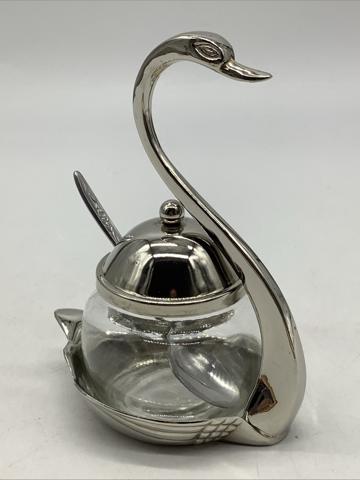Davco Silver Swan Covered Metal & Glass - Sugar/Jam/Condiment Bowl Jar