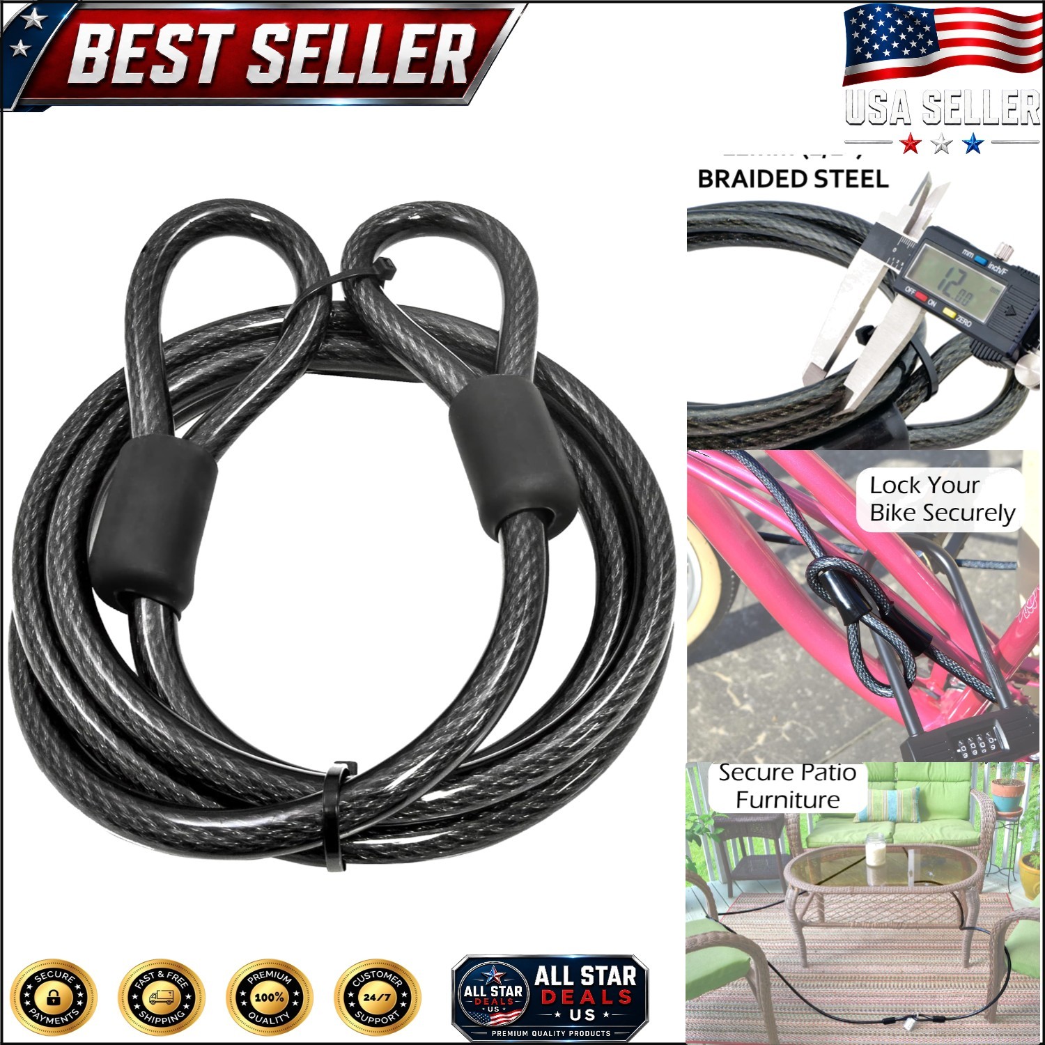 12mm Braided Steel Security Cable 7-FT - Water & Rust Resistant Safety Solution